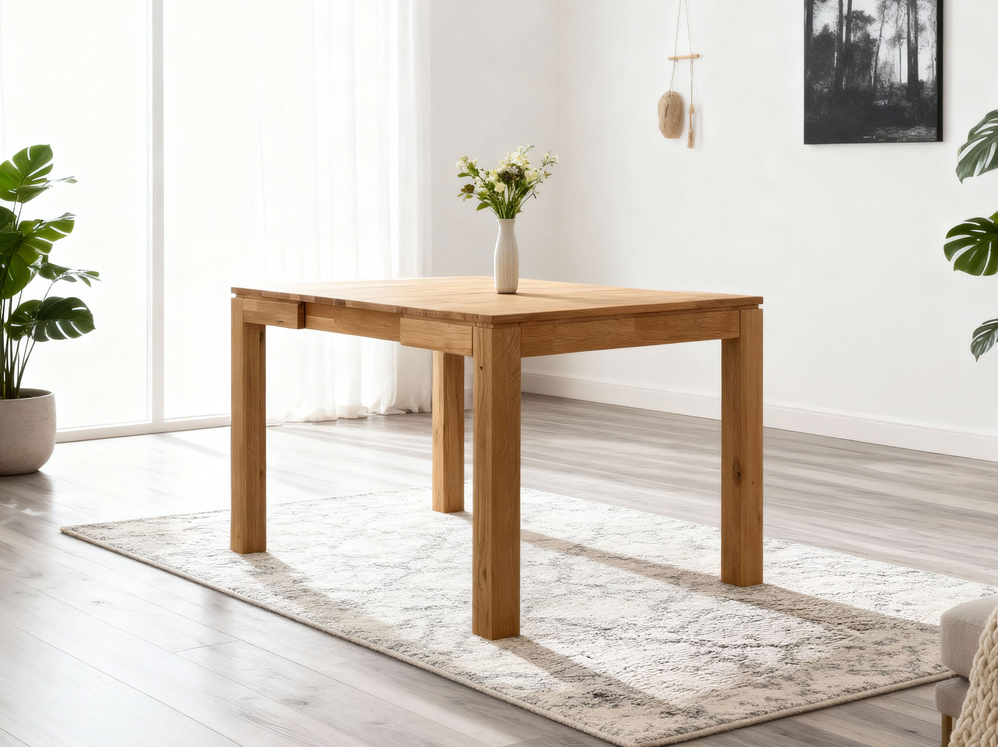 Massiver ausziehbarer Eichentisch 80 x 80 cm, ausgezogen 130 x 80 cm