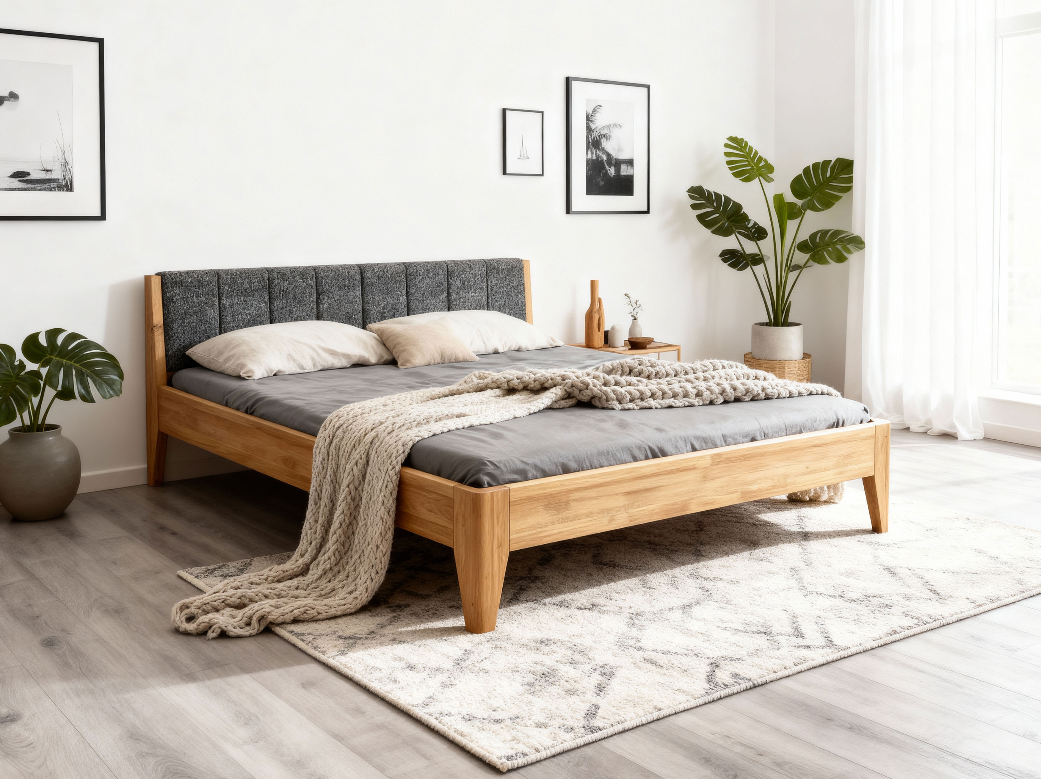 Eiche Bett 180 x 200 cm mit Stoffkopfteil und Schubladenoption