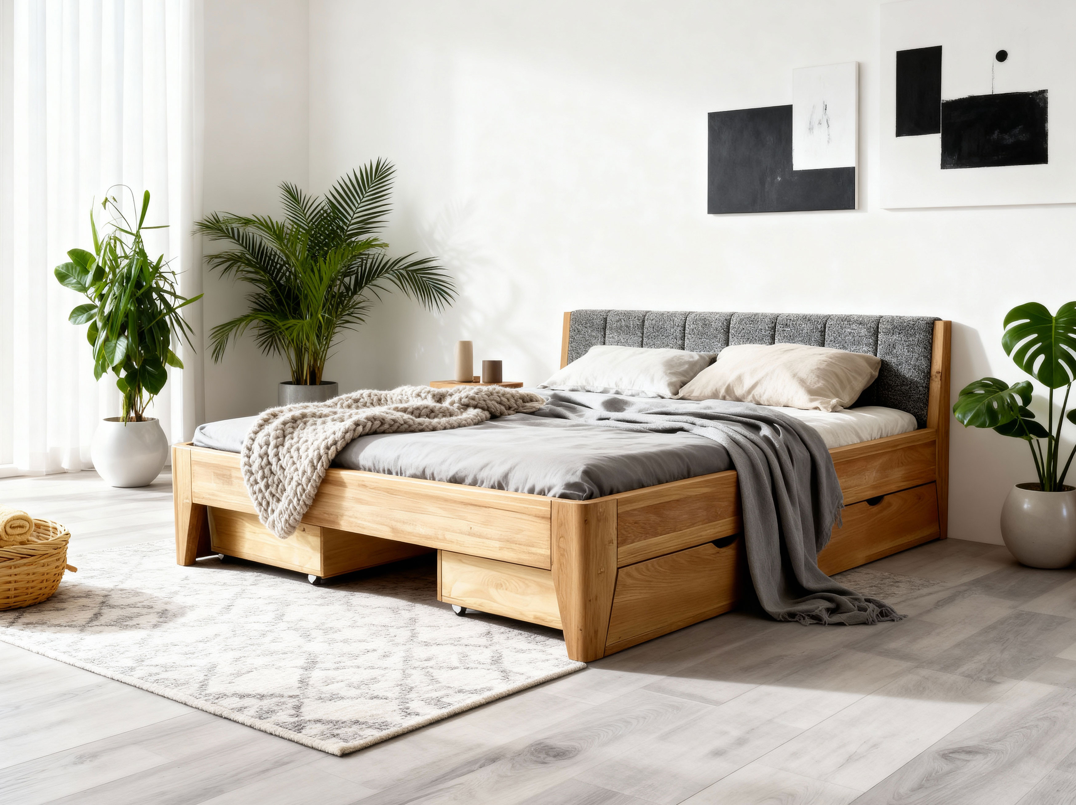 Eiche Bett 180 x 200 cm mit Stoffkopfteil und Schubladenoption