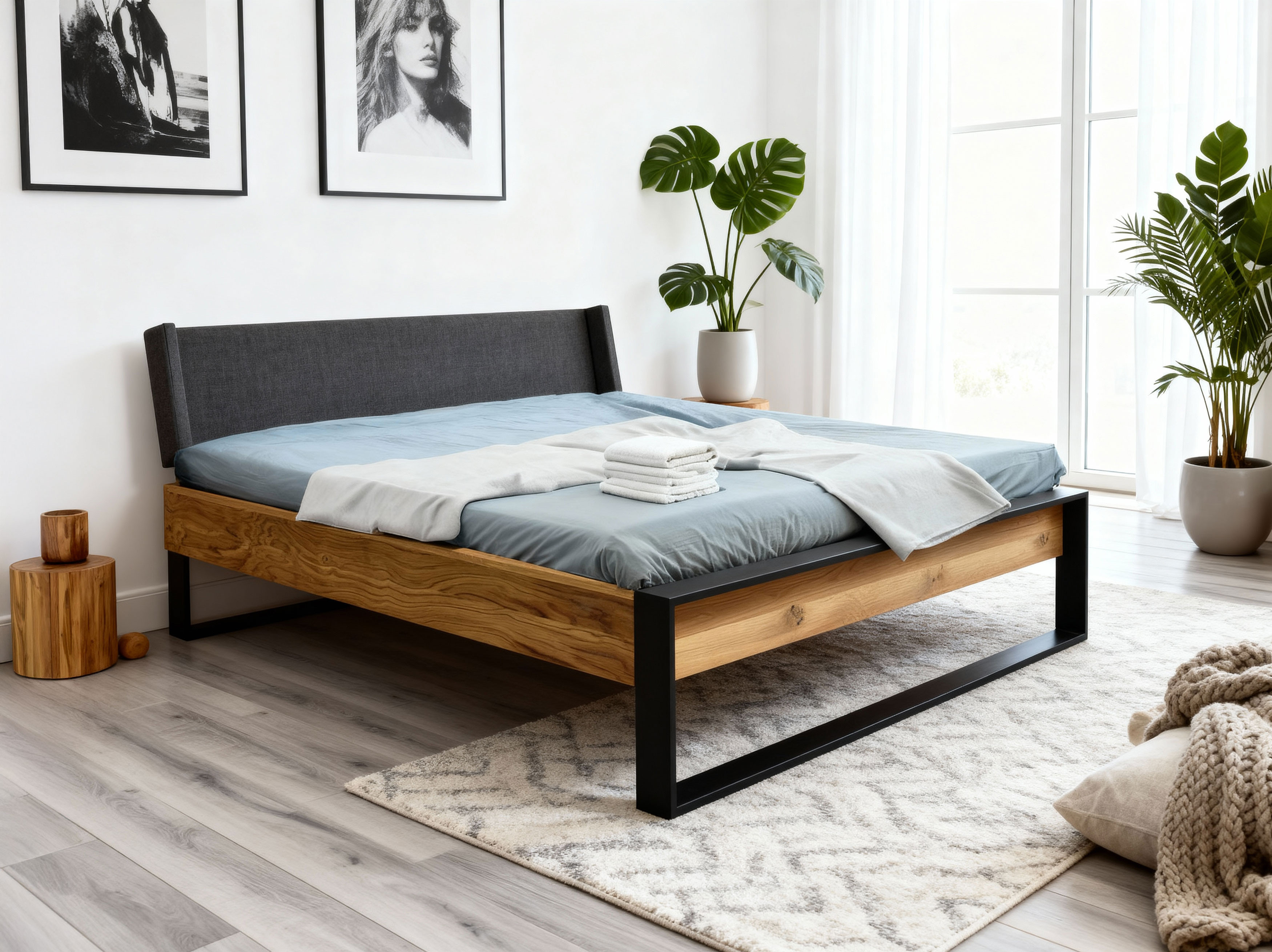 Doppelbett aus Eiche mit Metallbeinen 180 x 200 cm