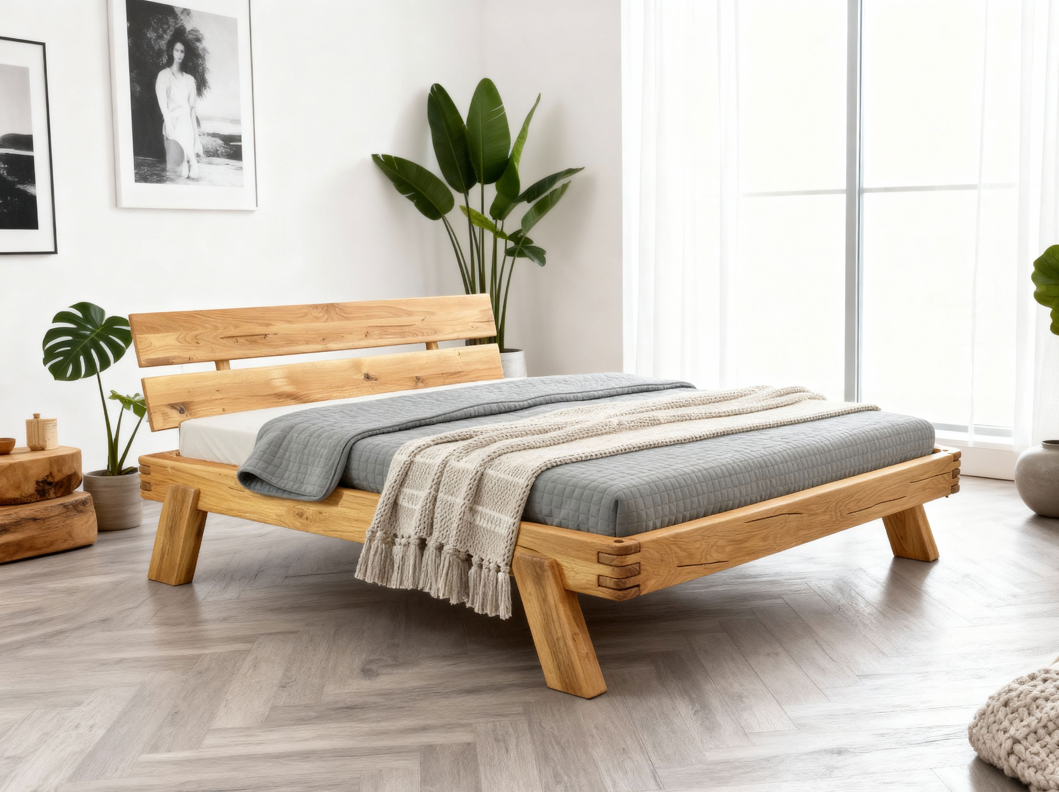 Massives Eichenholz-Bett aus Balken 180 x 200 cm