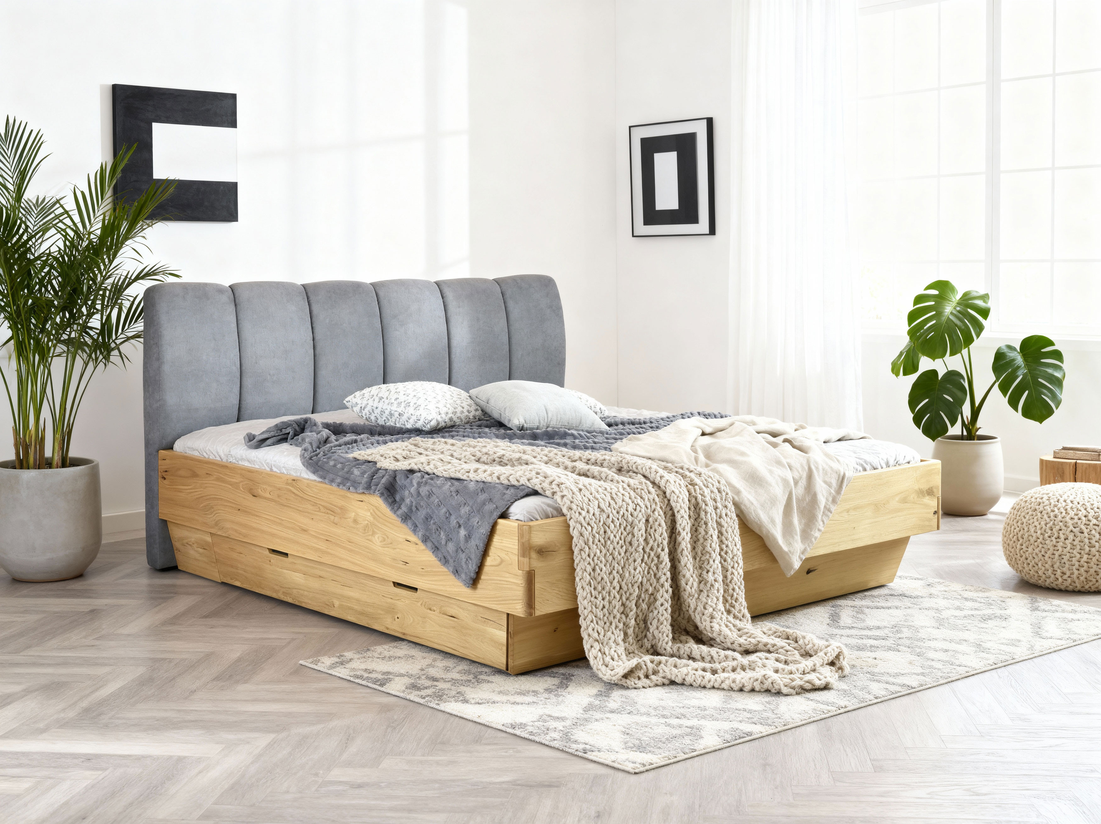 Toledo Ehebett aus Eiche mit gepolstertem Kopfteil