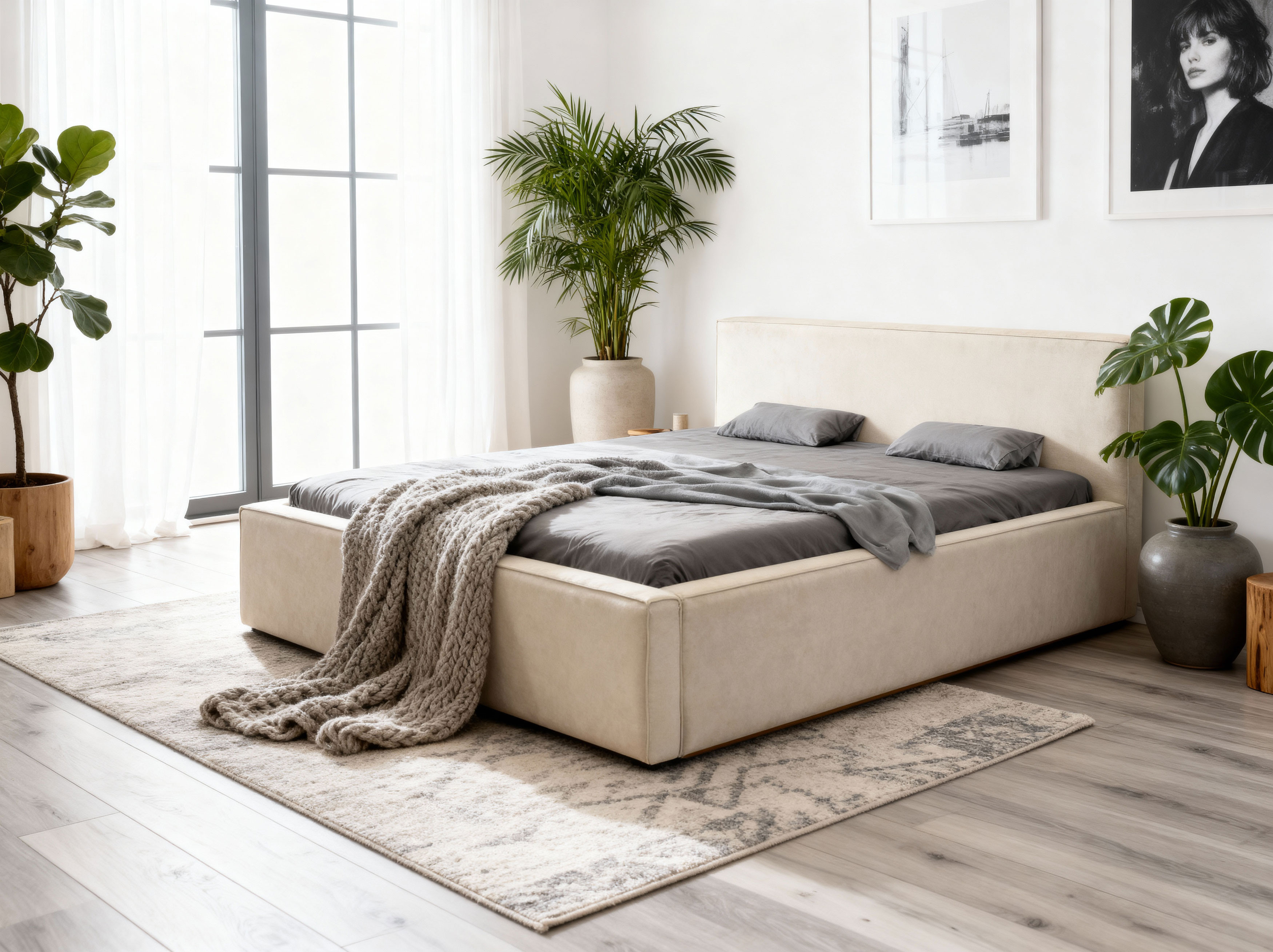 Kétszemélyes kárpitozott ágy bézs színben, Vierka 180 x 200 cm tárolóhellyel