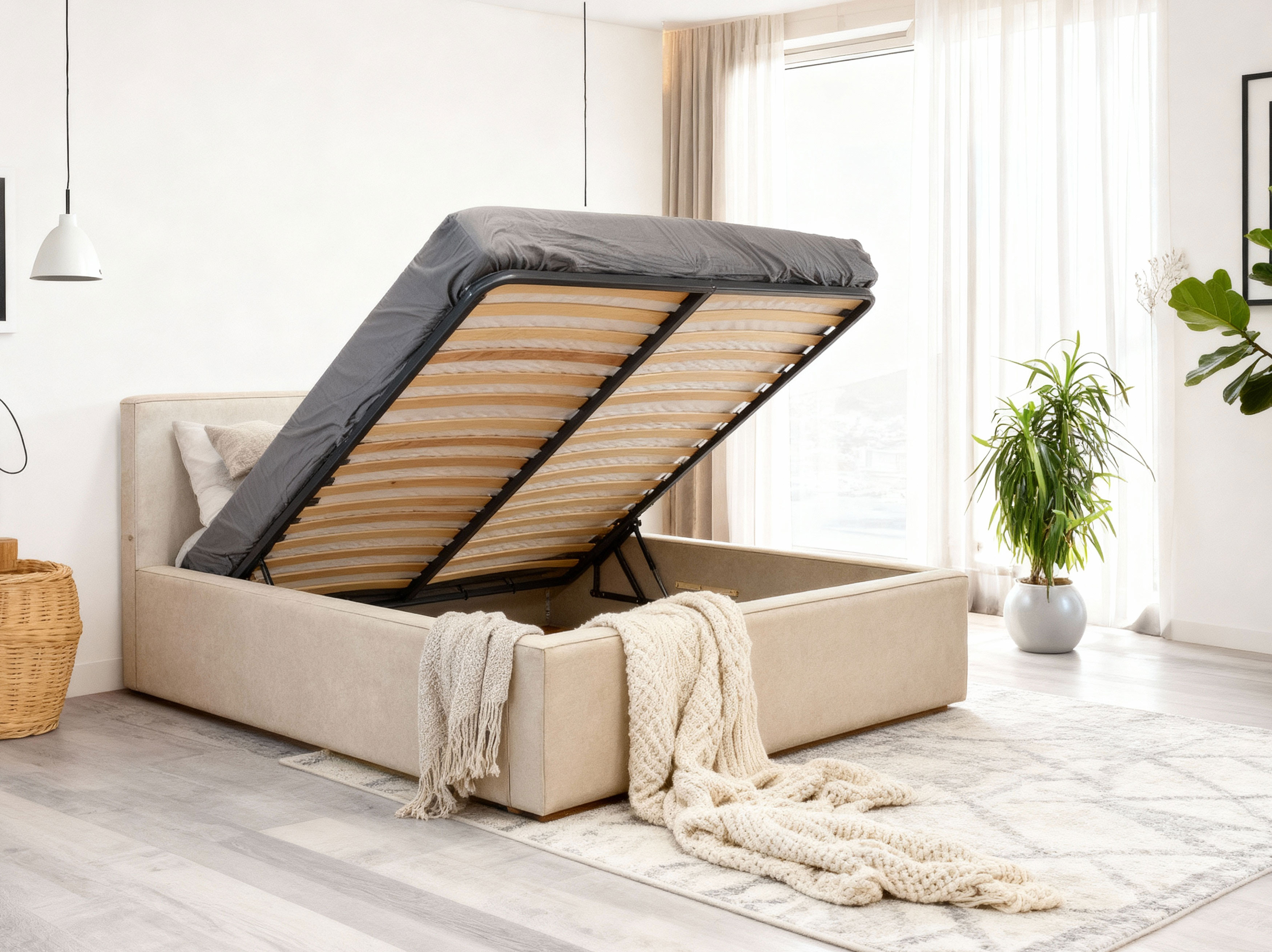 Kétszemélyes kárpitozott ágy bézs színben, Vierka 180 x 200 cm tárolóhellyel