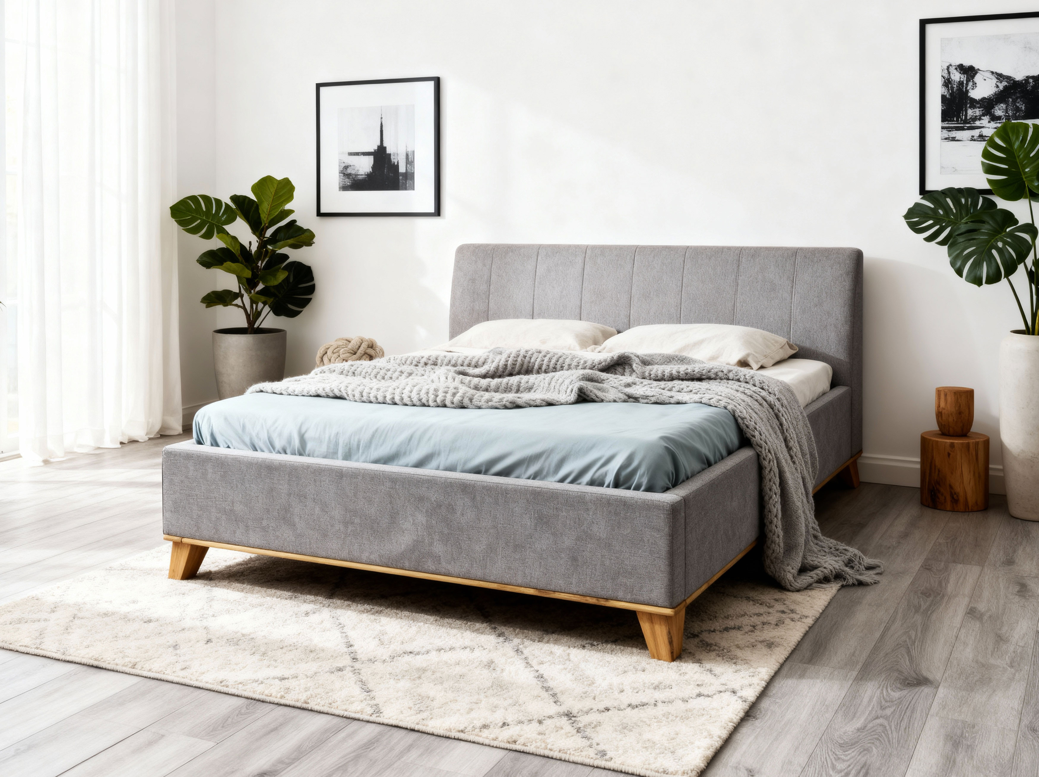 Doppelbett auf Füßen in der Farbe Grau-Braun mit Stauraum