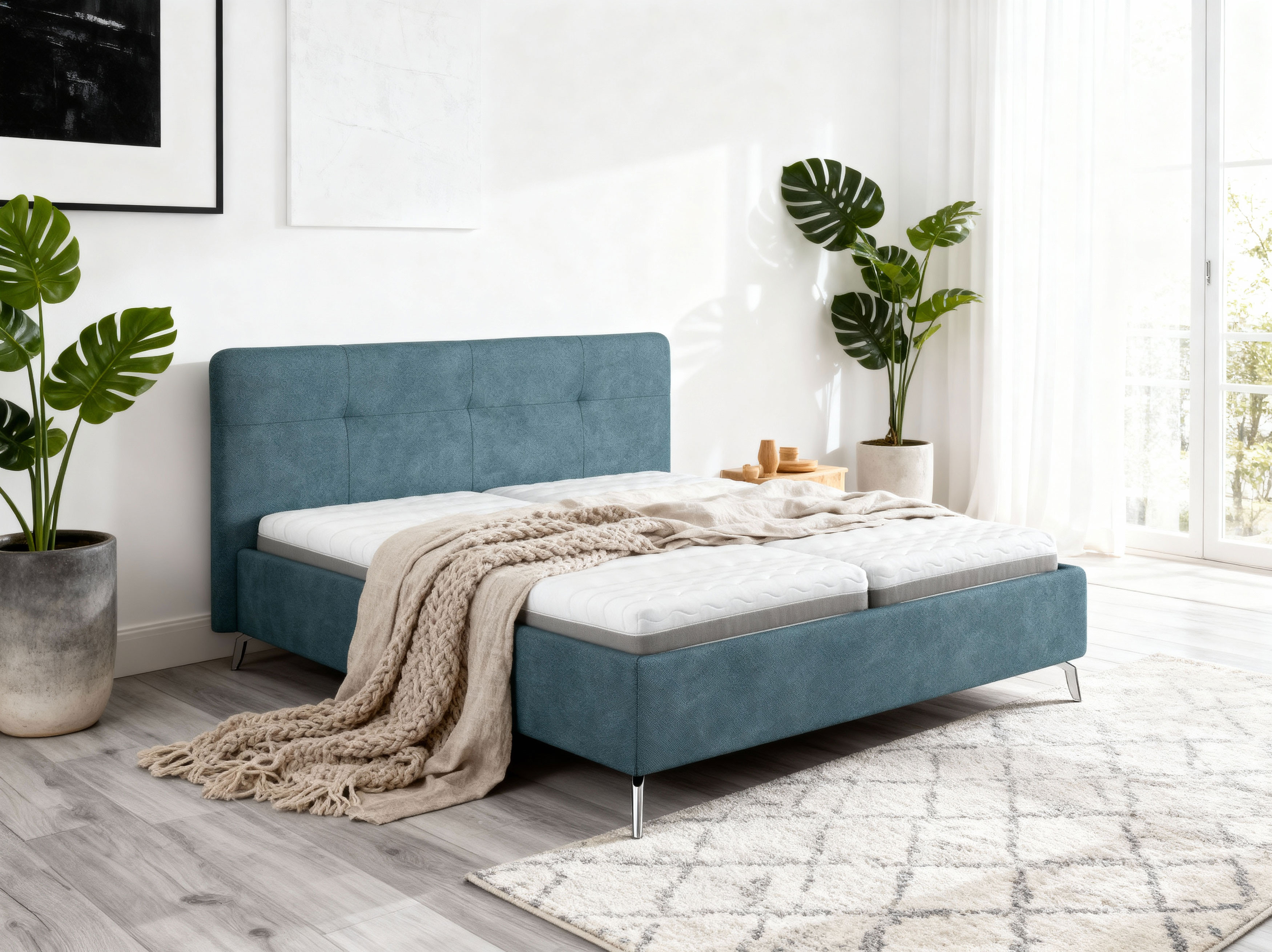 Čalúnená posteľ s úložným priestorom modrá, 180 x 200 cm