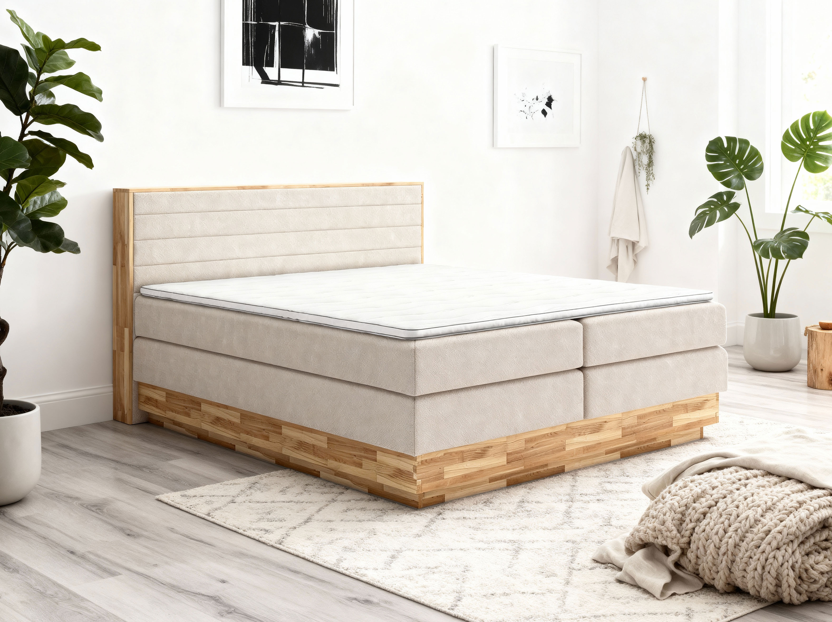 Eichen-Boxspringbett mit Stauraum inklusive Matratzen Moneta 180 x 200