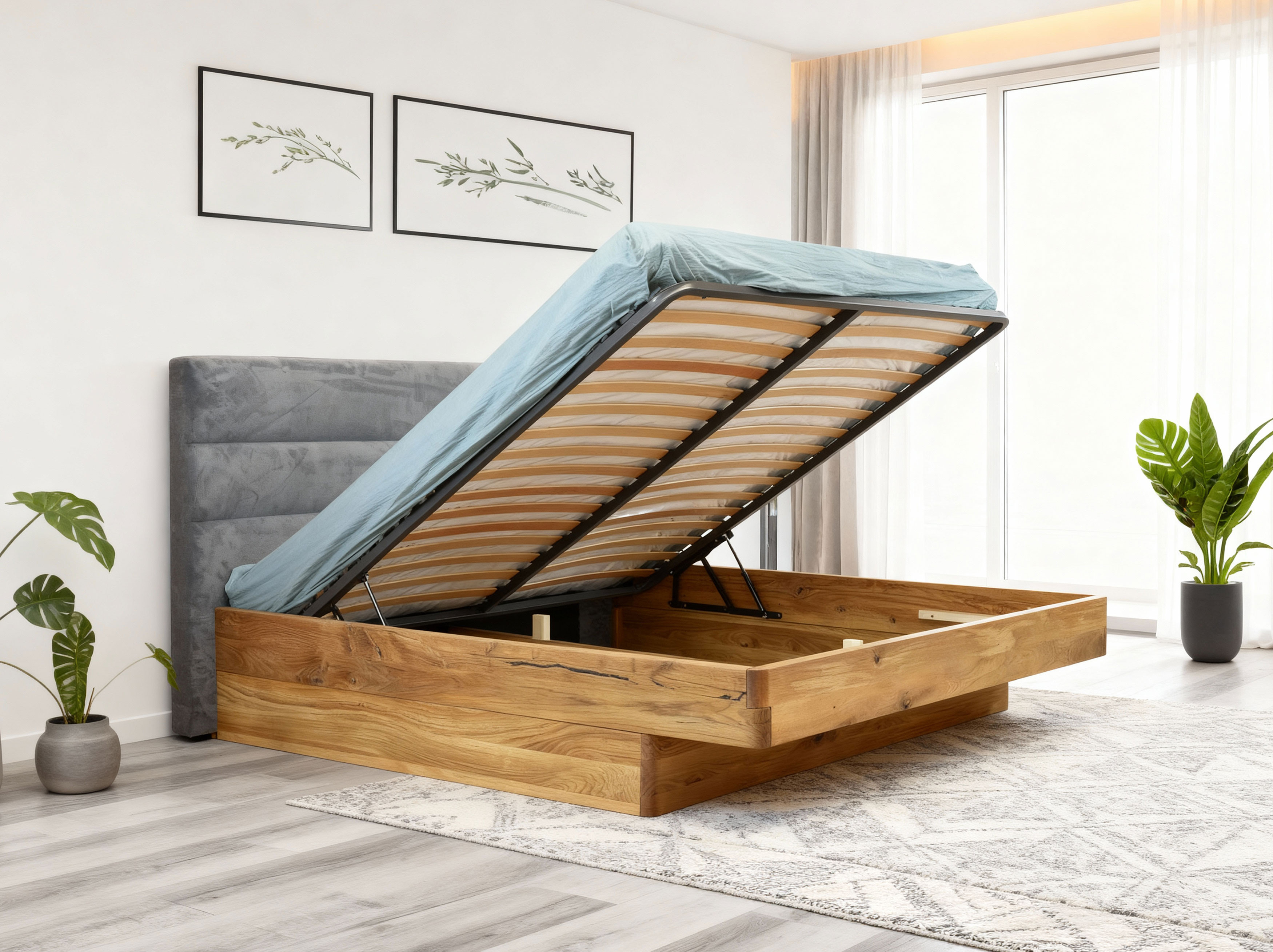 Holzbett aus Eichenholz mit Stauraum 180 x 200 cm