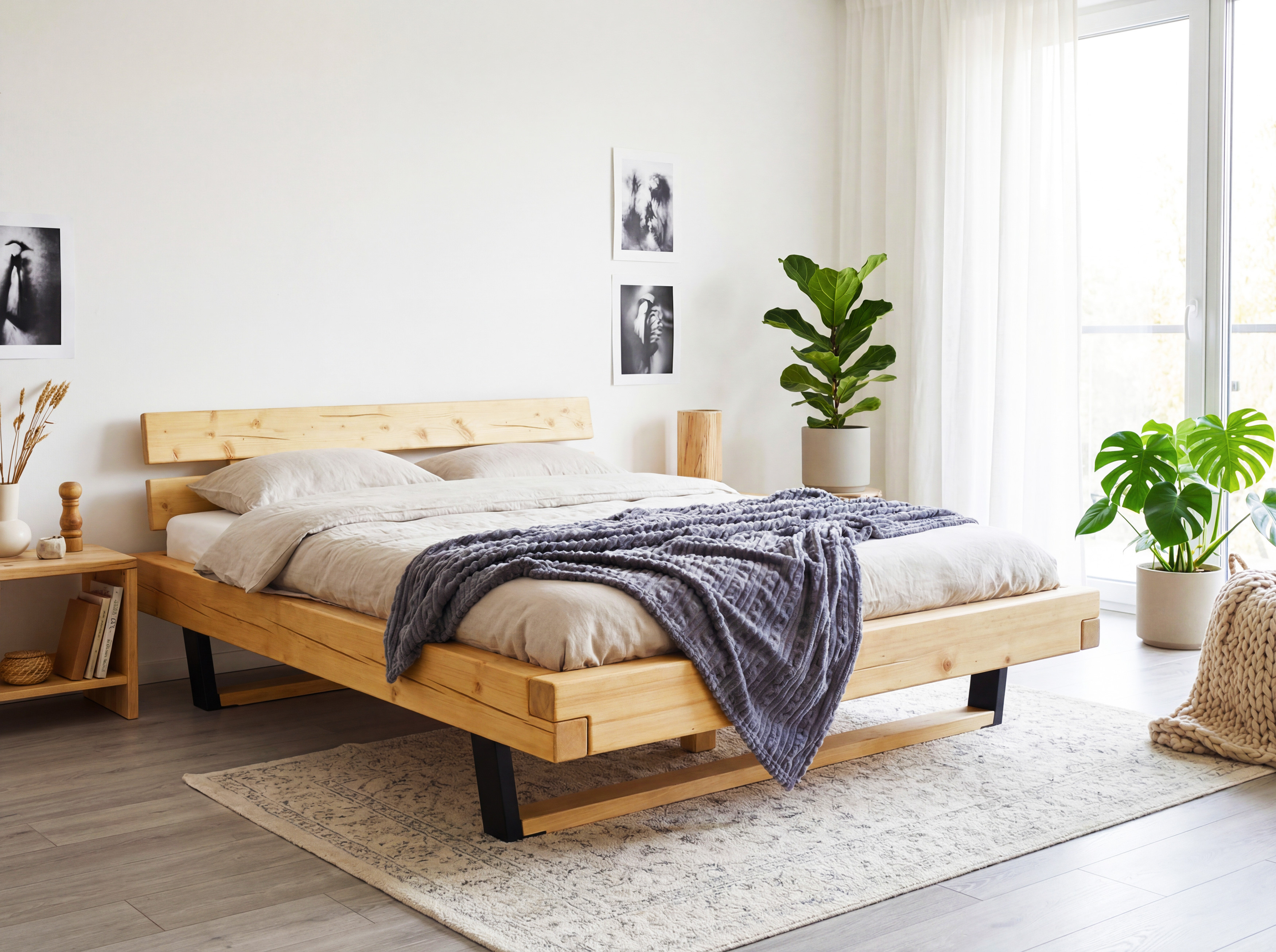 Massivholz-Bett auf Füßen aus Fichte