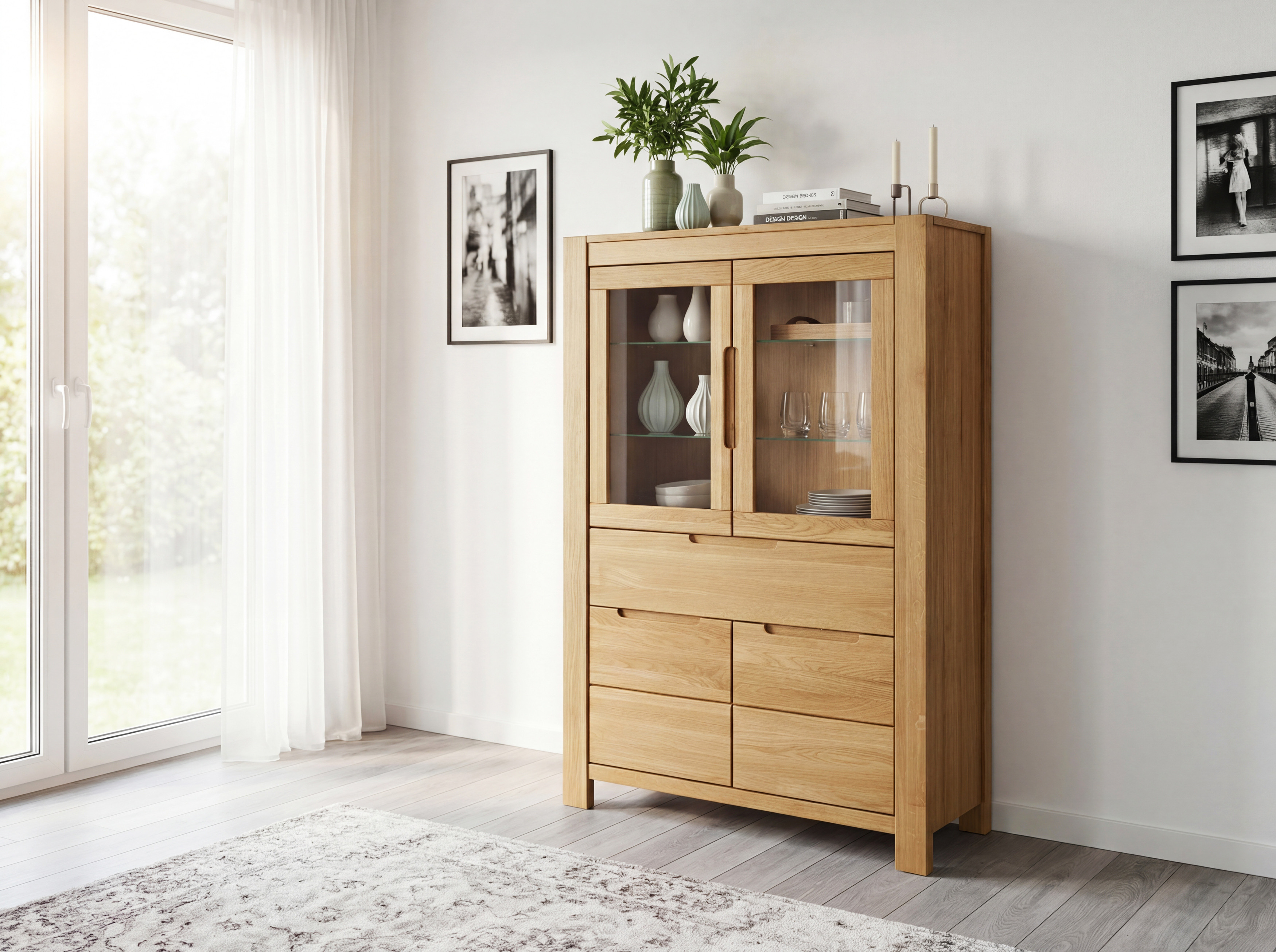 Eiche Vitrine mit Glastüren und festen Elementen