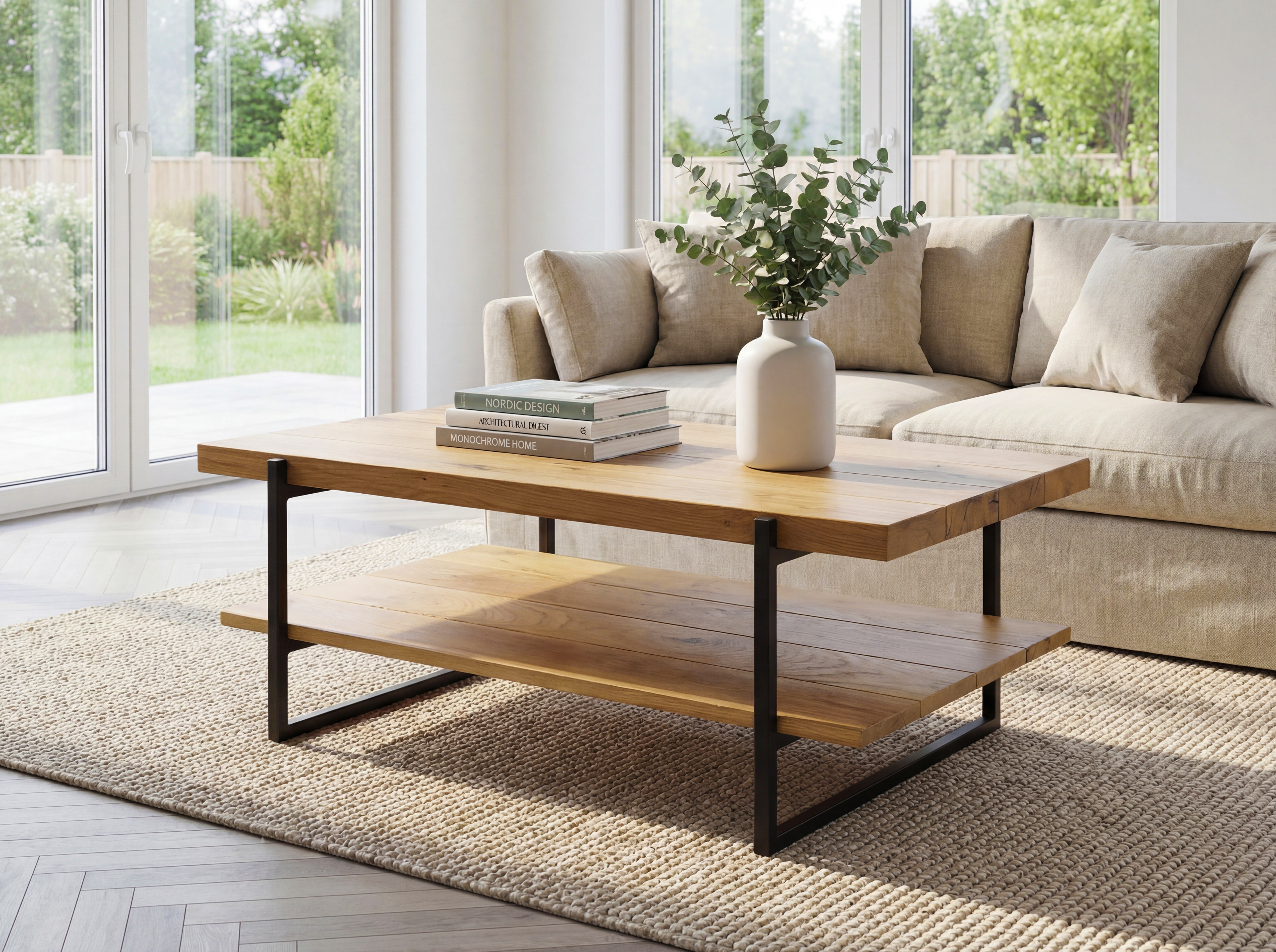 Tömör tölgy dohányzóasztal polccal