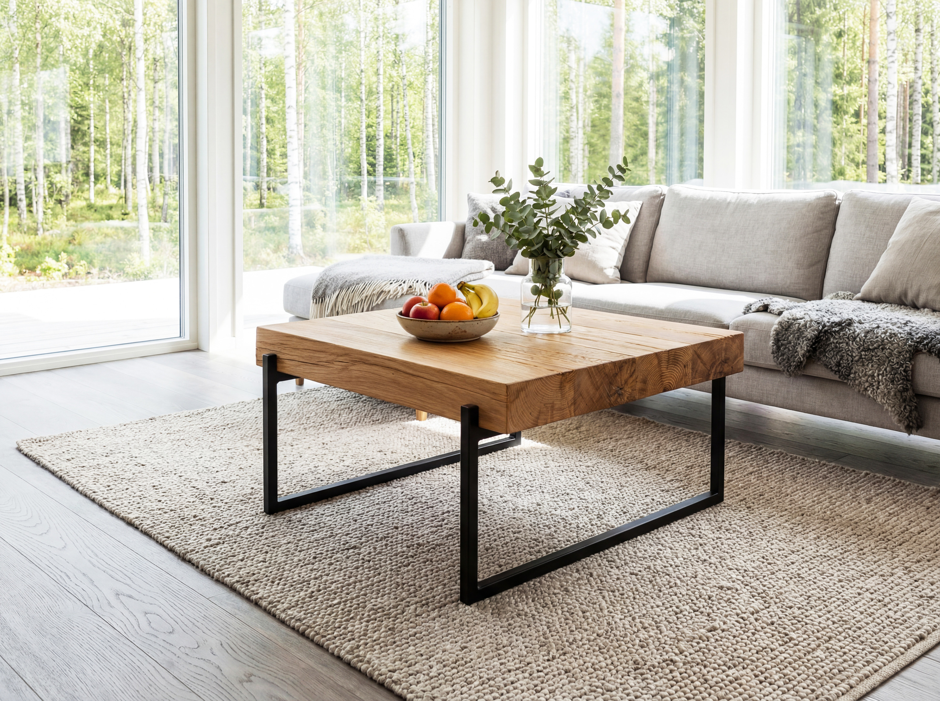 Couchtisch aus Eichenbalken mit Metallbeinen