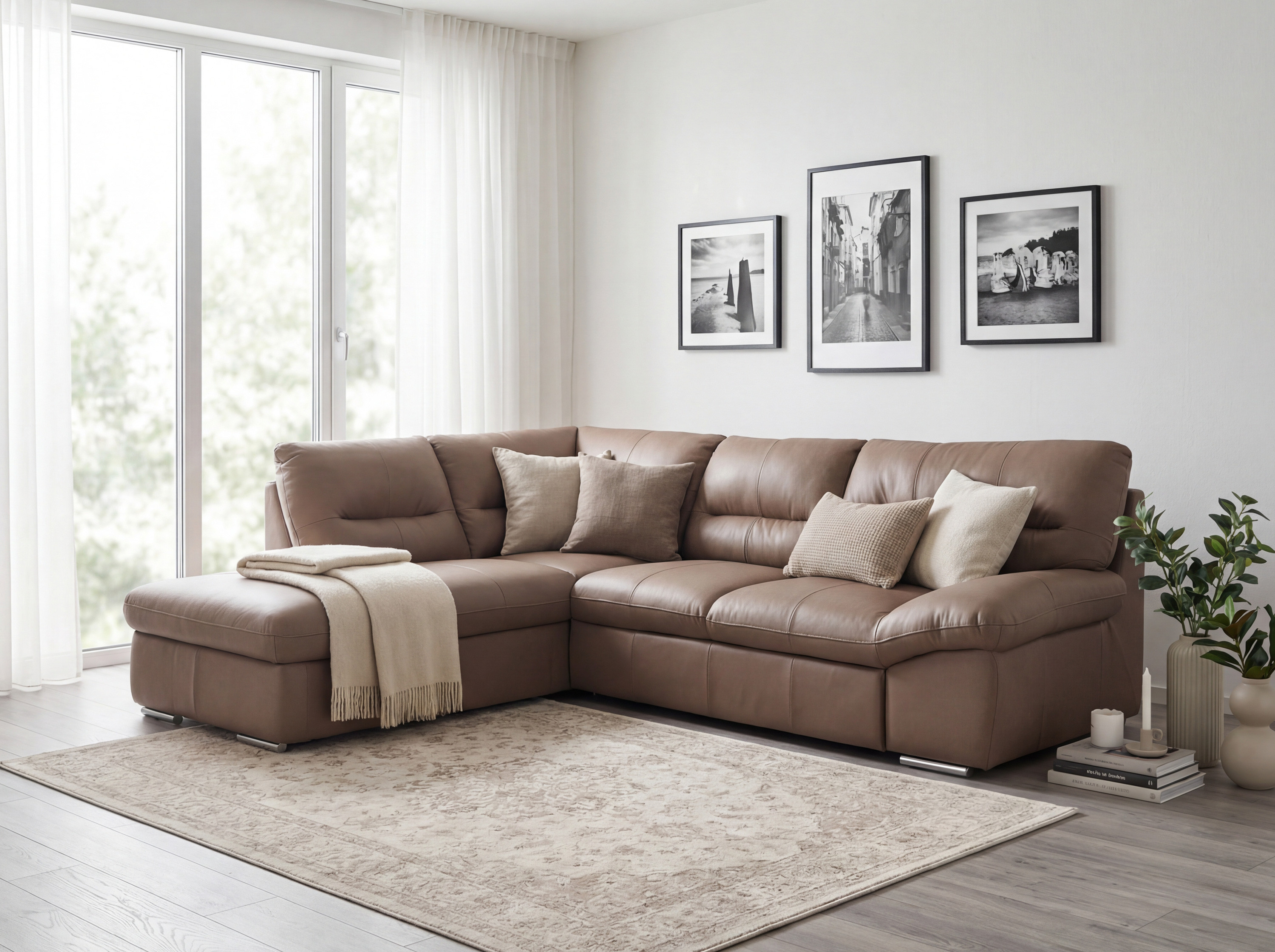 Ecksofa - echtes Leder Sand