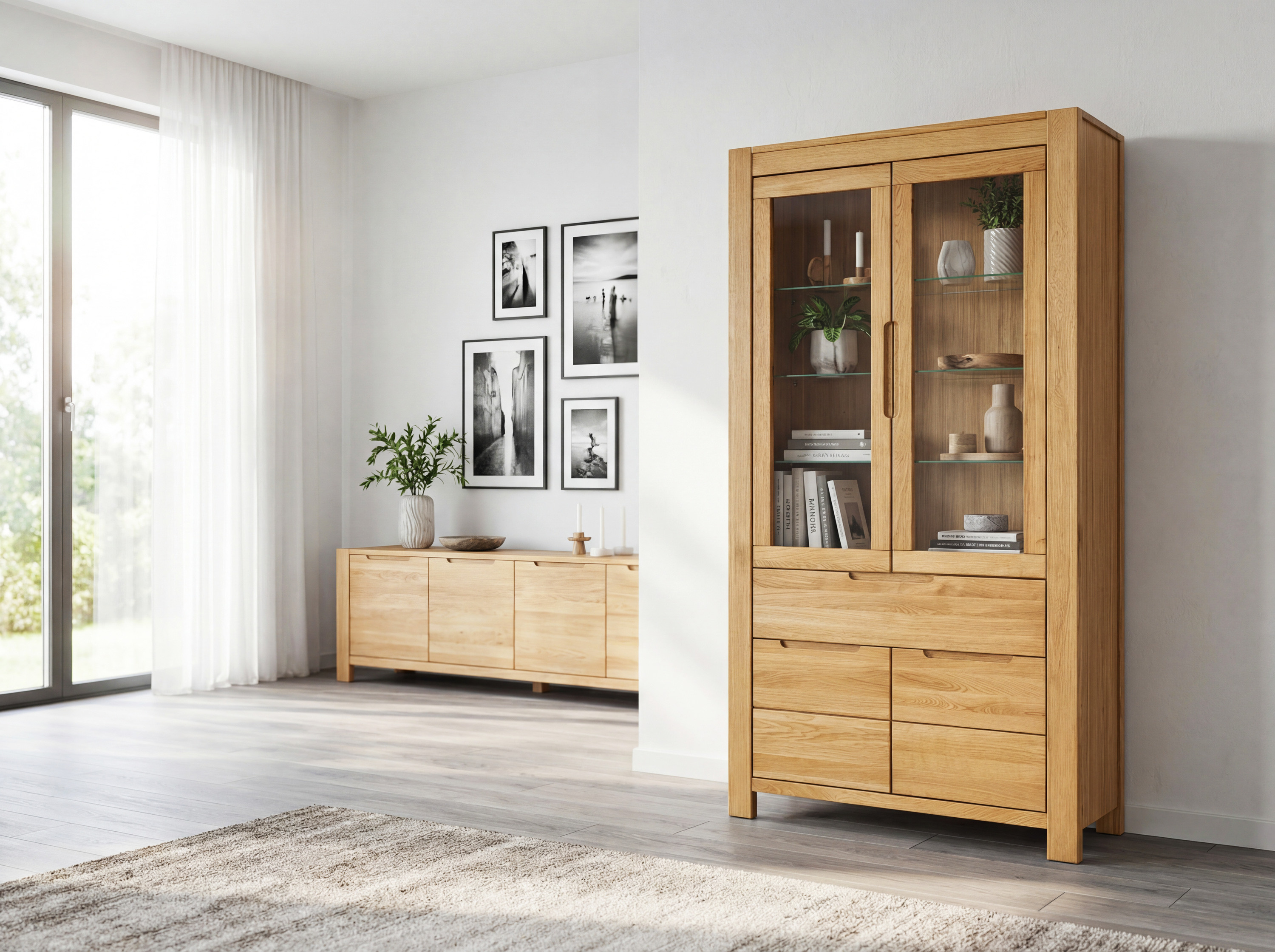 Eiche Vitrine mit Glastüren und festen Türen