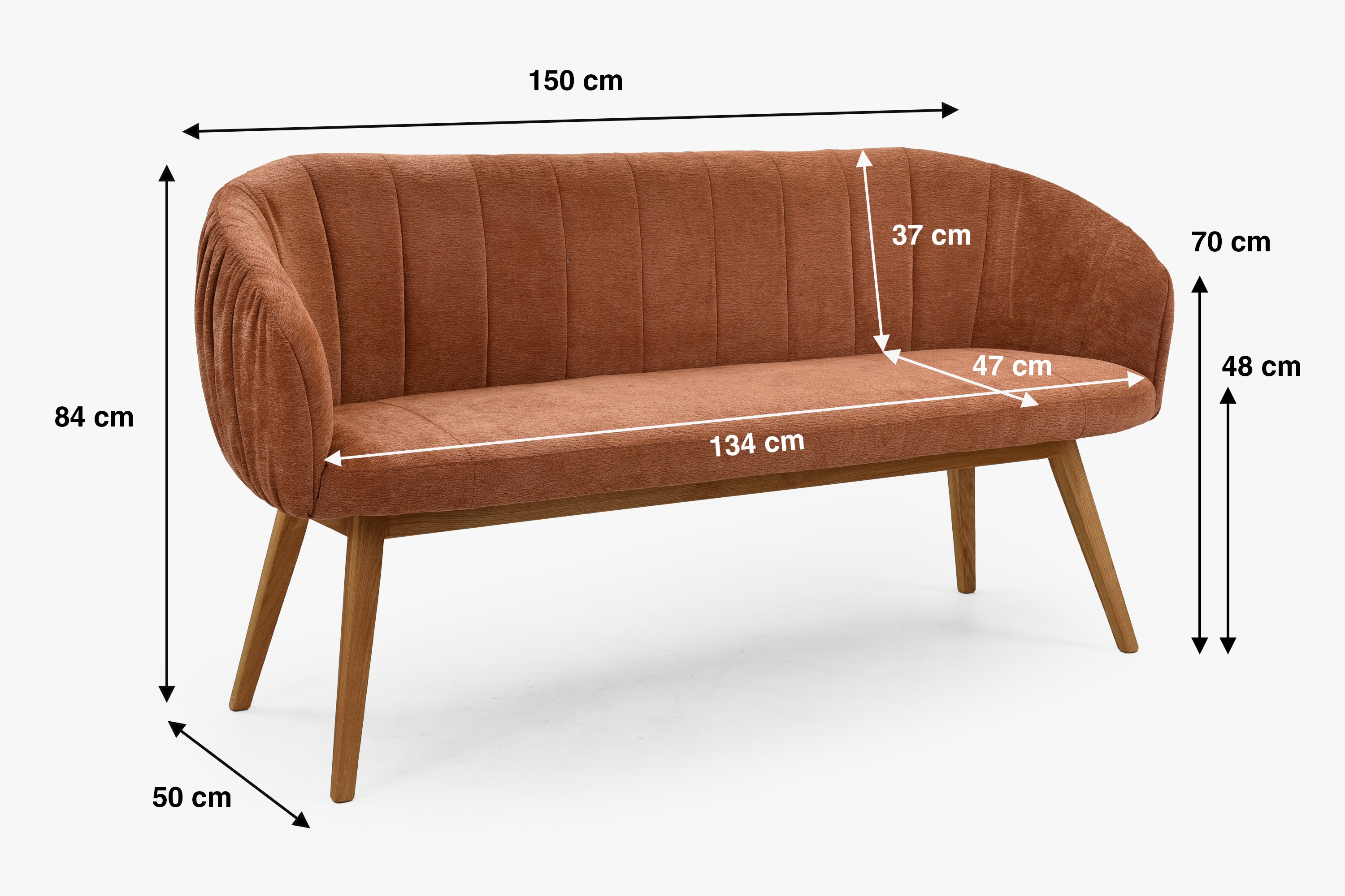 Gepolsterte Bank Elba mit Eichenbeinen Ziegelfarbe