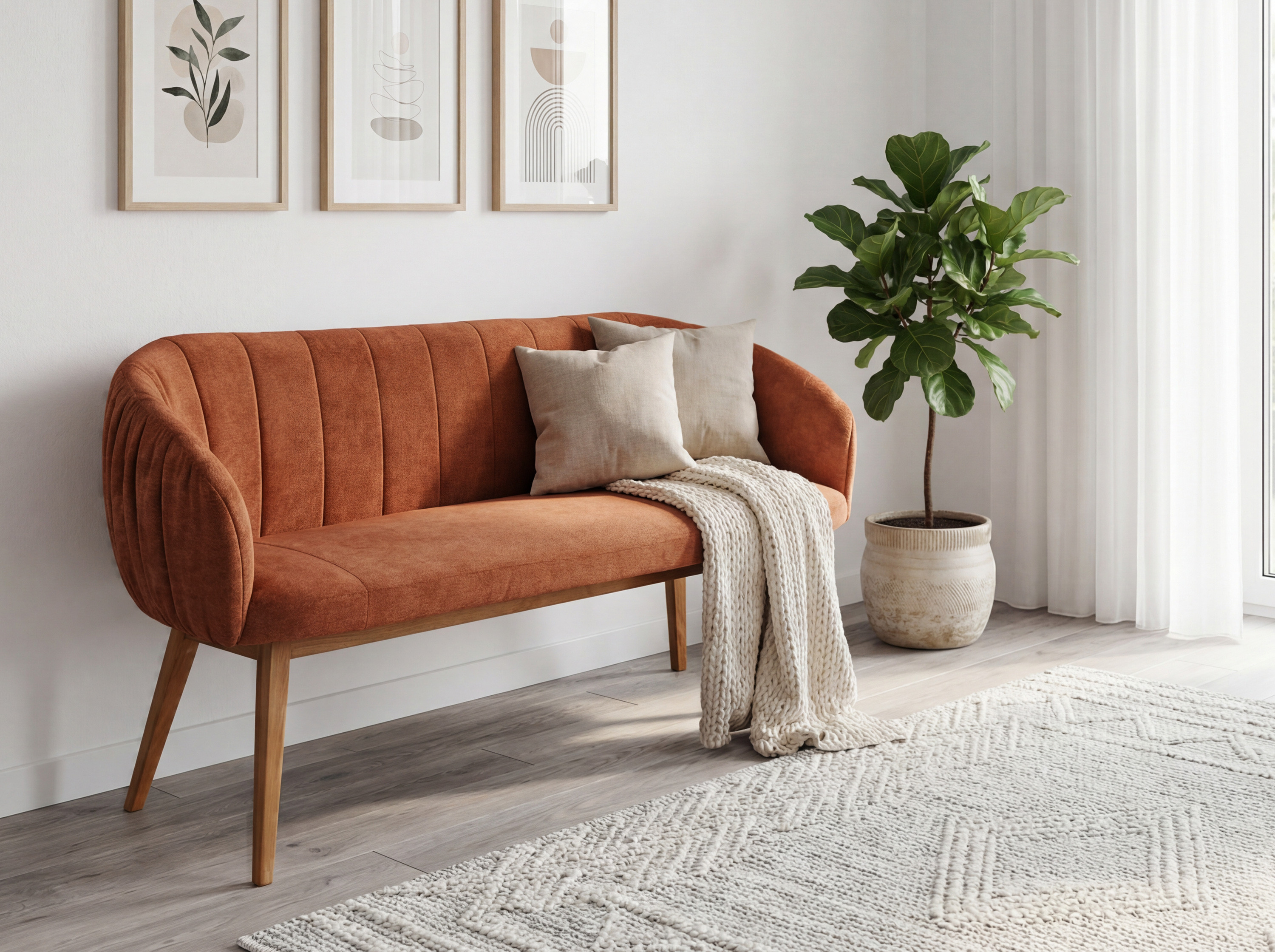 Gepolsterte Bank Elba mit Eichenbeinen Ziegelfarbe