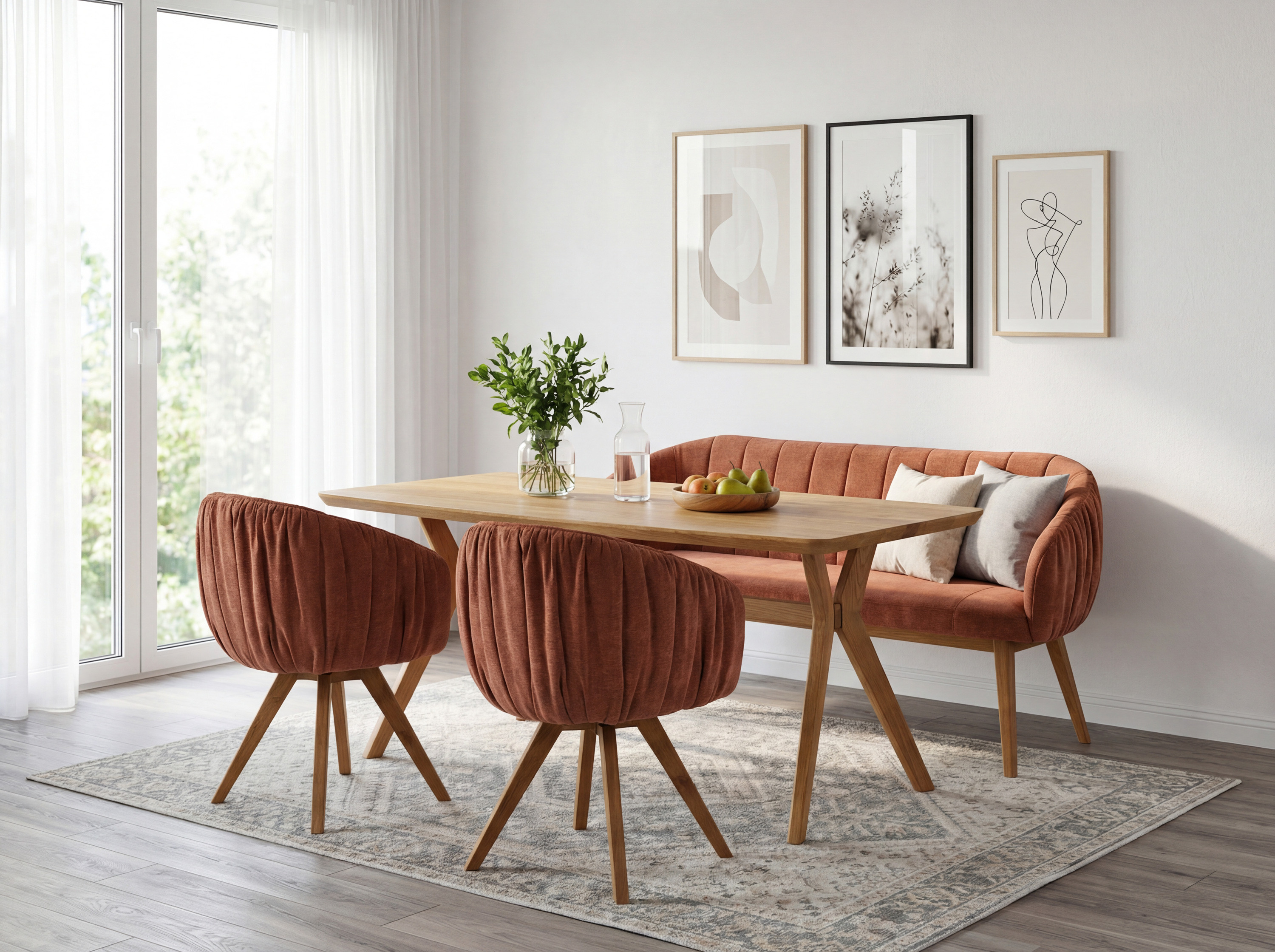 Gepolsterte Bank Elba mit Eichenbeinen Ziegelfarbe