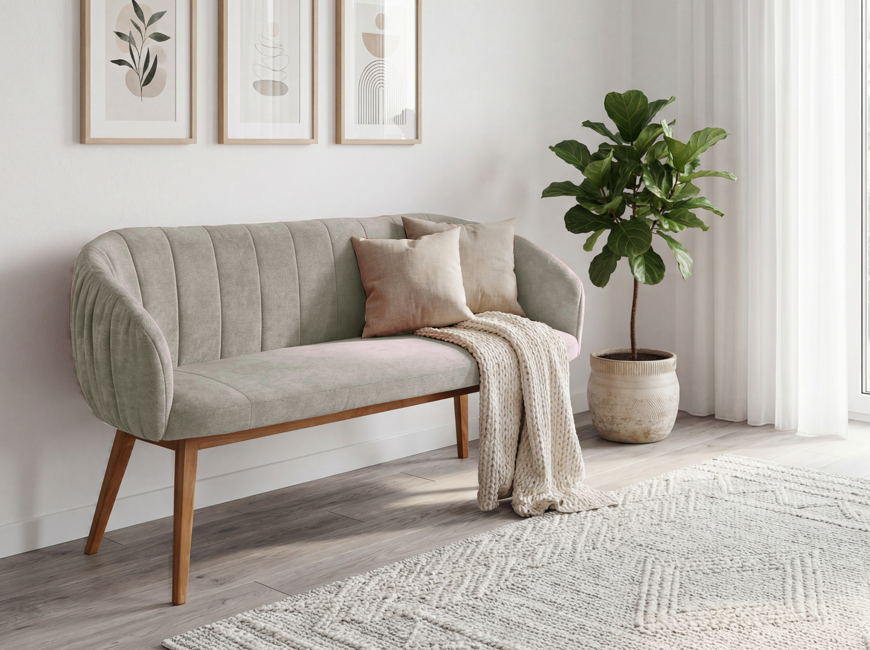 Gepolsterte Bank Elba mit Eichenbeinen graue Farbe