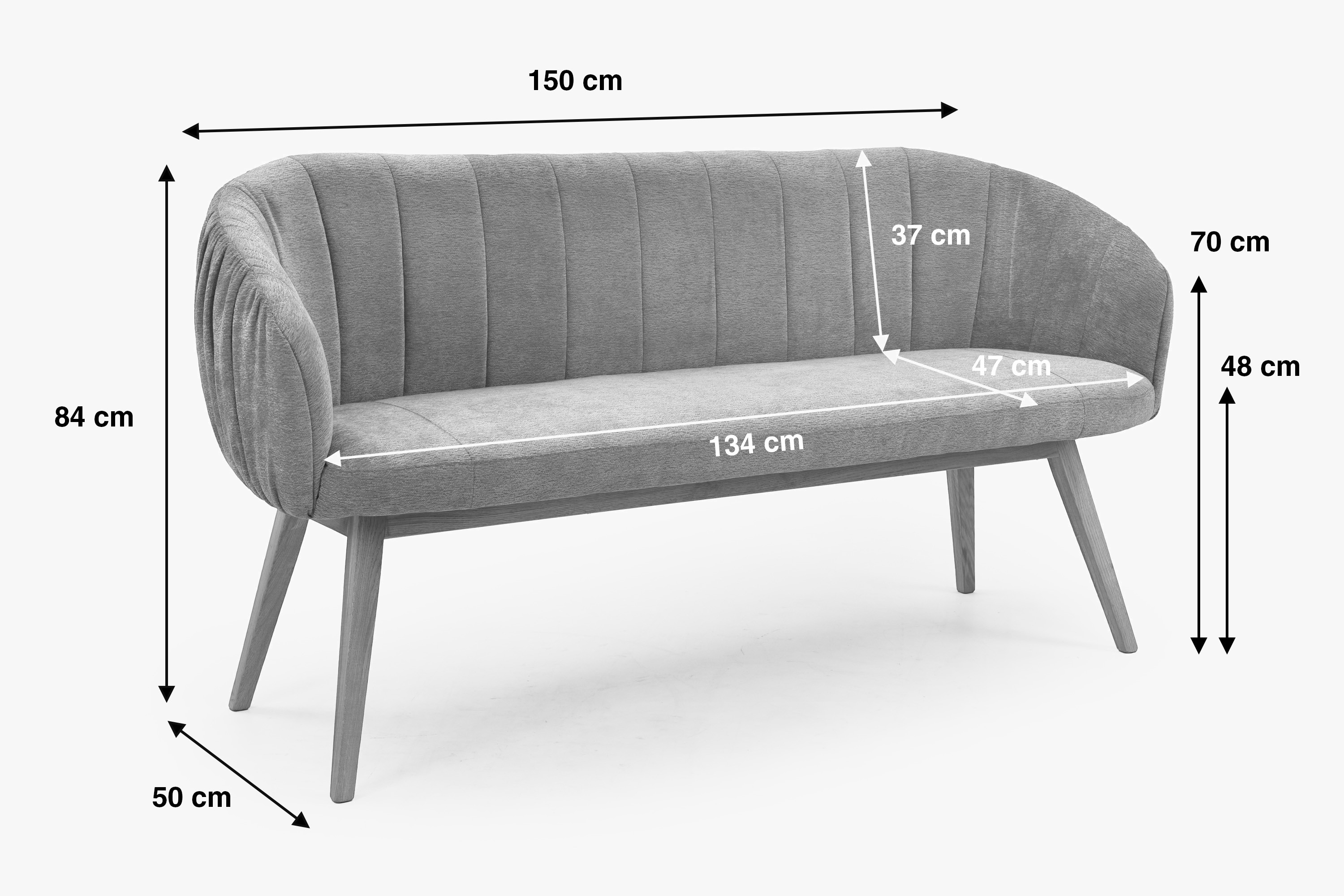 Gepolsterte Bank Elba mit Eichenbeinen graue Farbe