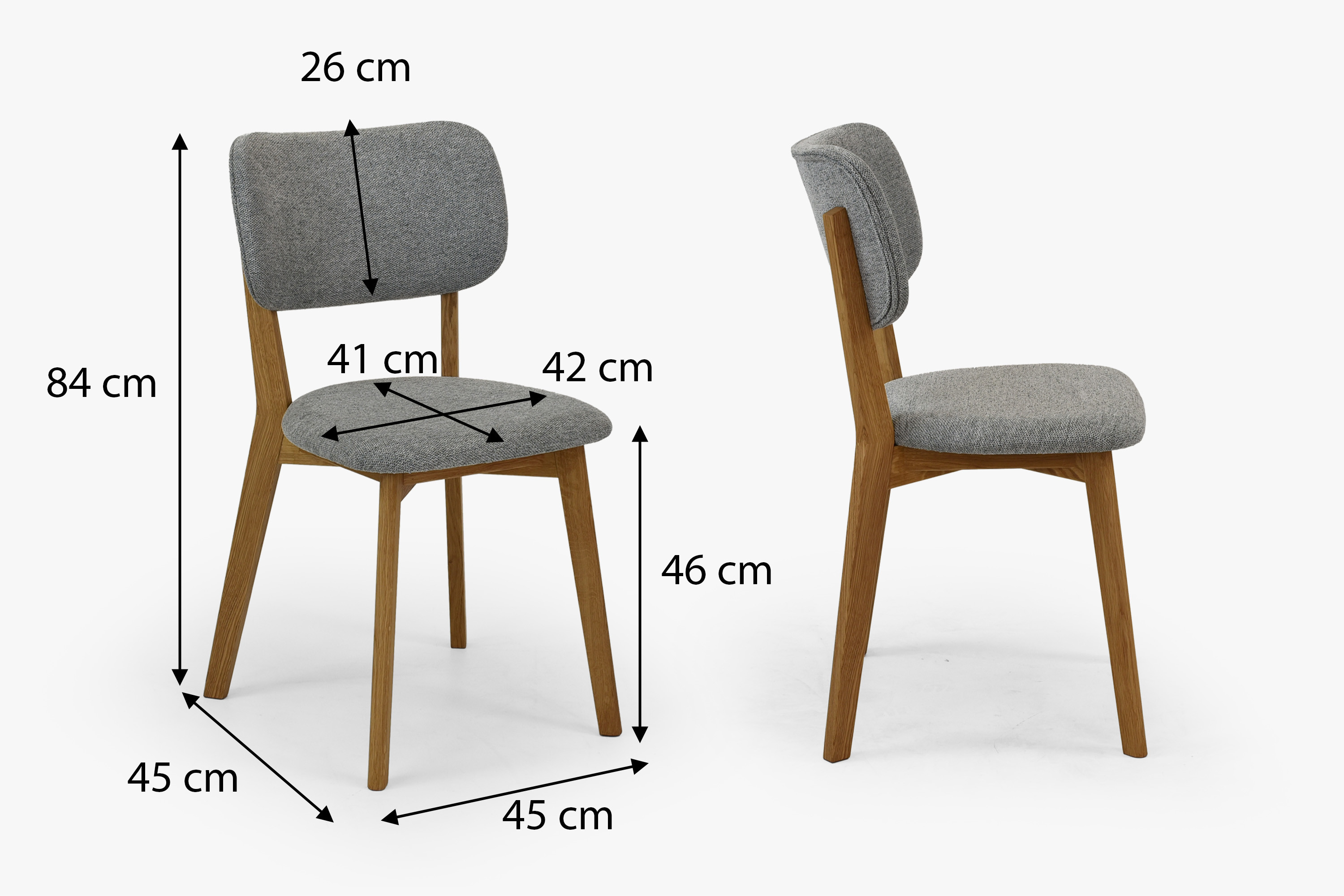 Lenka kárpitozott szék szürke – méretek: magasság 84 cm, szélesség 45 cm, mélység 45 cm, ülésmagasság 46 cm