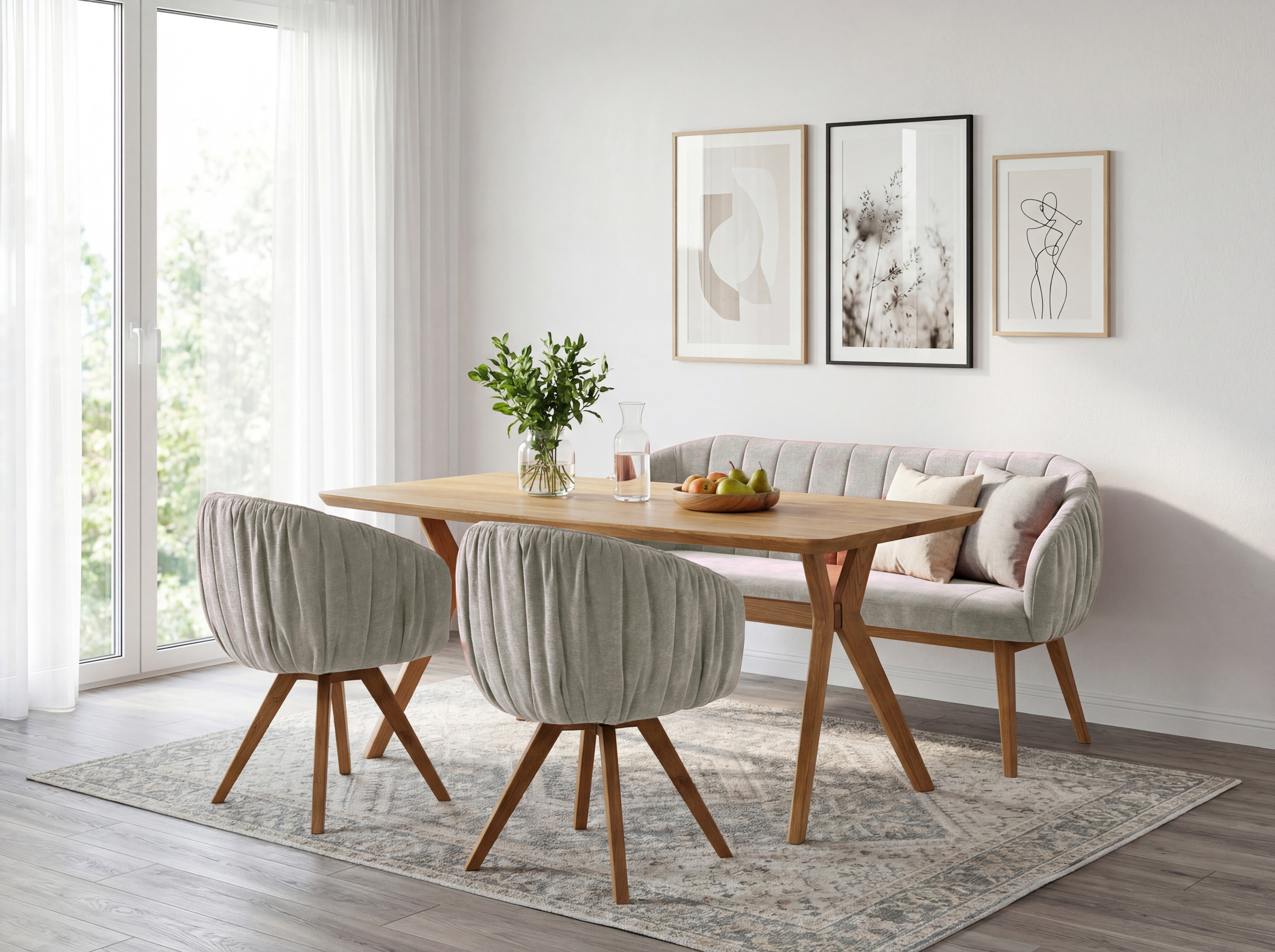 Massives Eichen-Esstischset – Tisch, Stühle und Bank