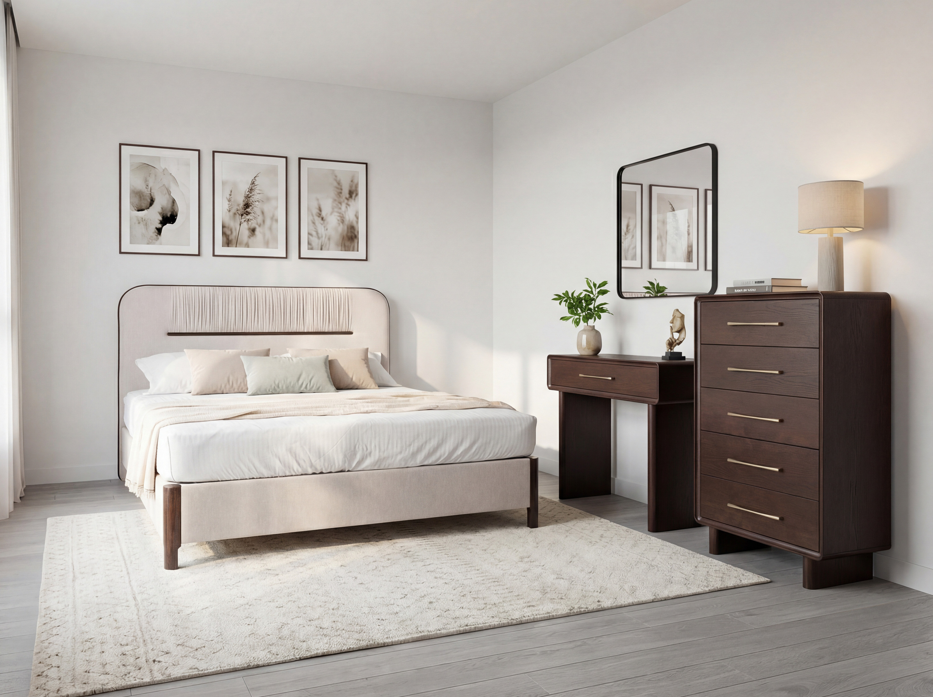 Koper ágy kárpitozott fejtámlával és ráncolt részlettel