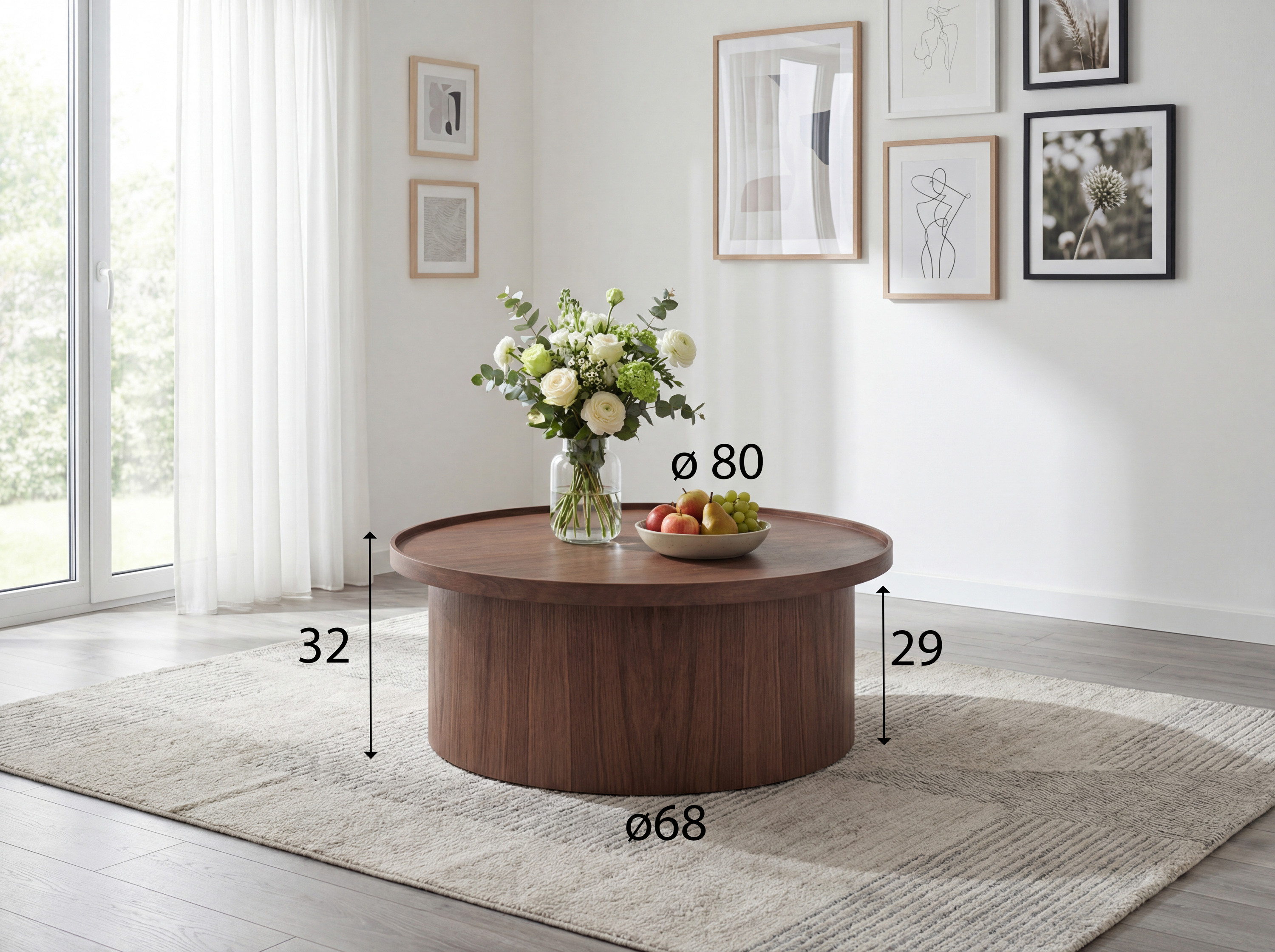 Rondo dohányzóasztal dió – méretek Ø 80 cm, magasság 32 cm