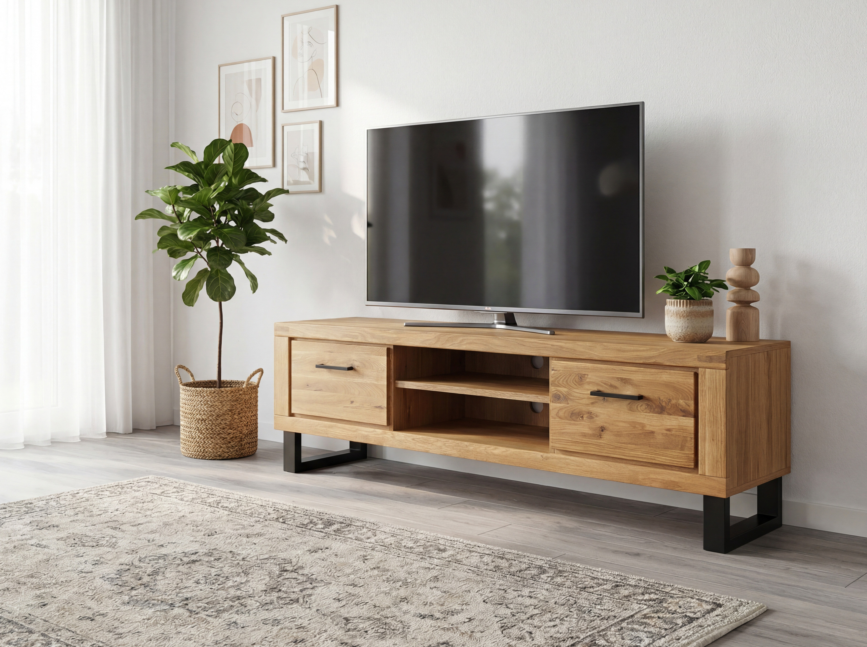 Dlhá dubová TV komoda na kovových nožičkách Martina