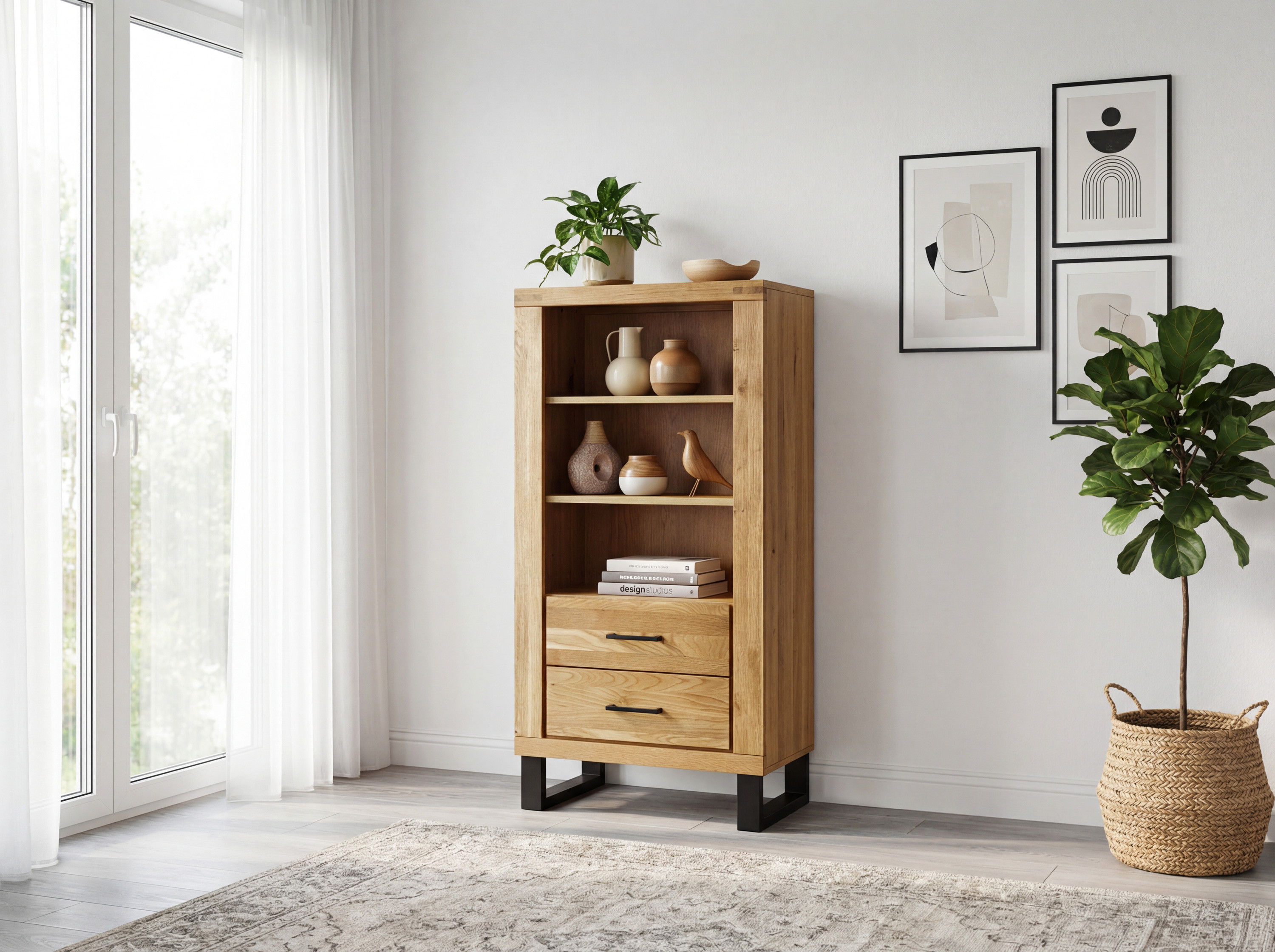 Niedriges Eichenregal auf Metallbeinen Martina mit Schubladen