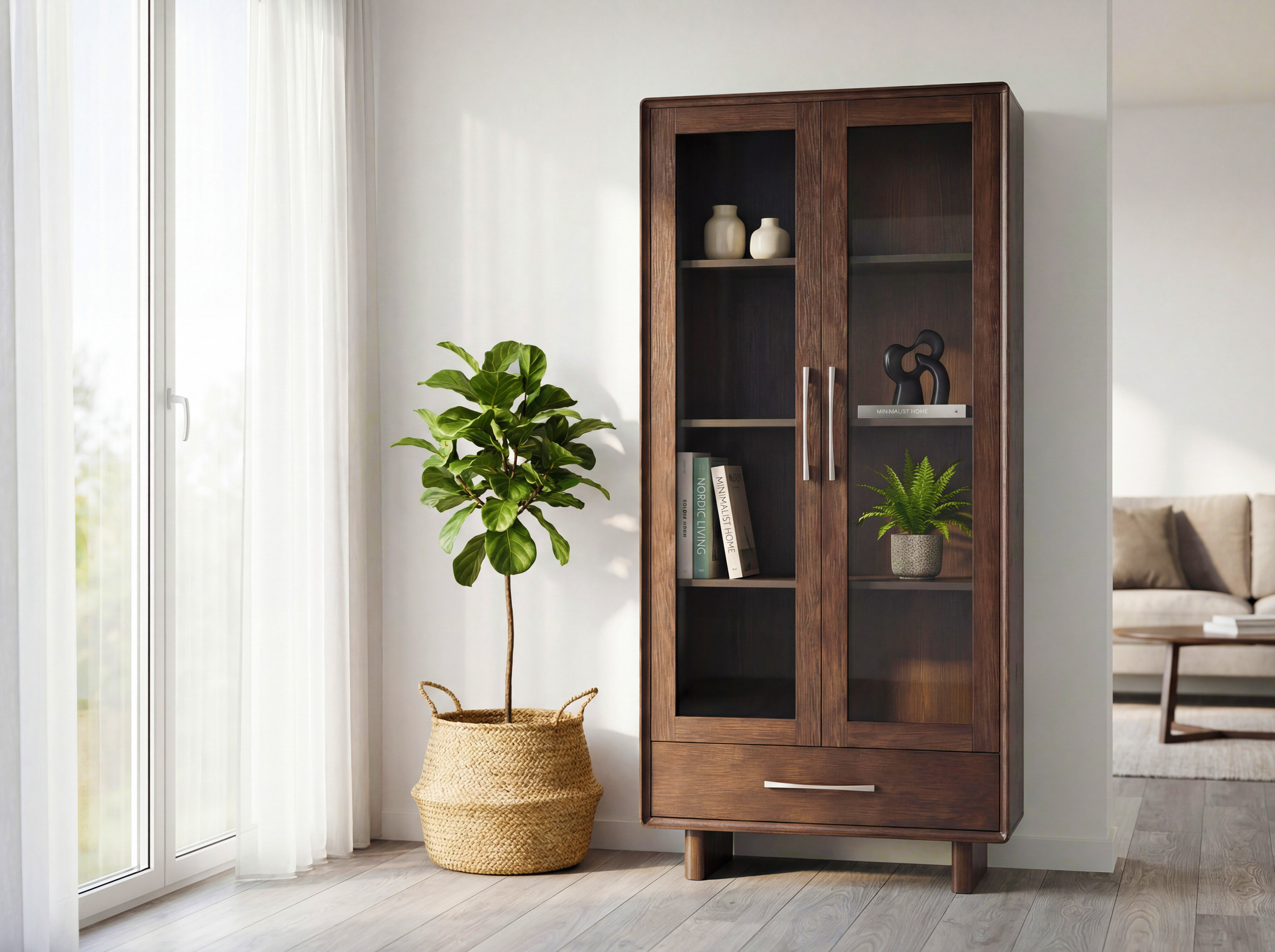 Designos Koper vitrineszekrény üvegajtóval, dió színben