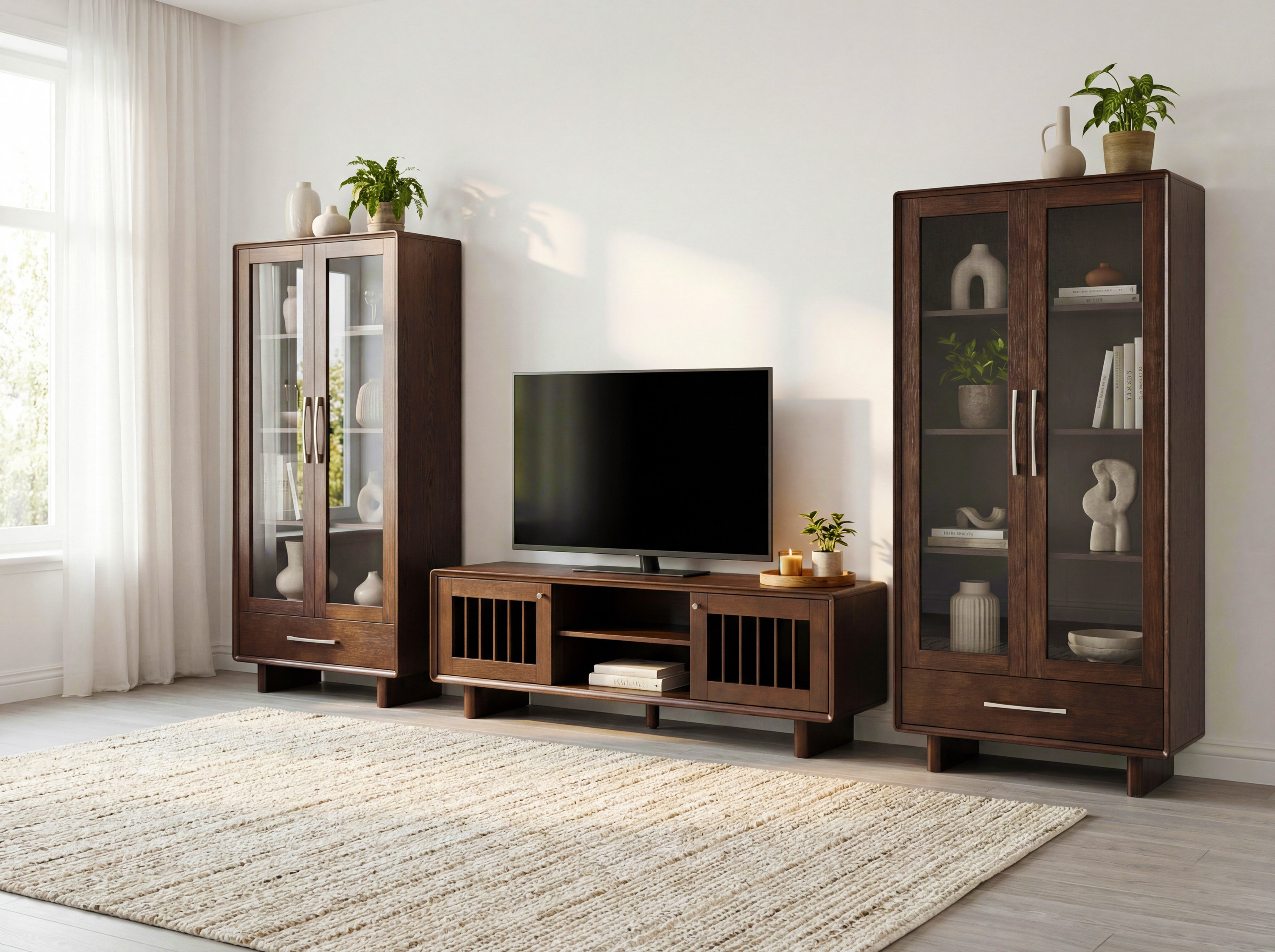 Koper TV-állvány dió tolóajtókkal – részlet a kidolgozásról