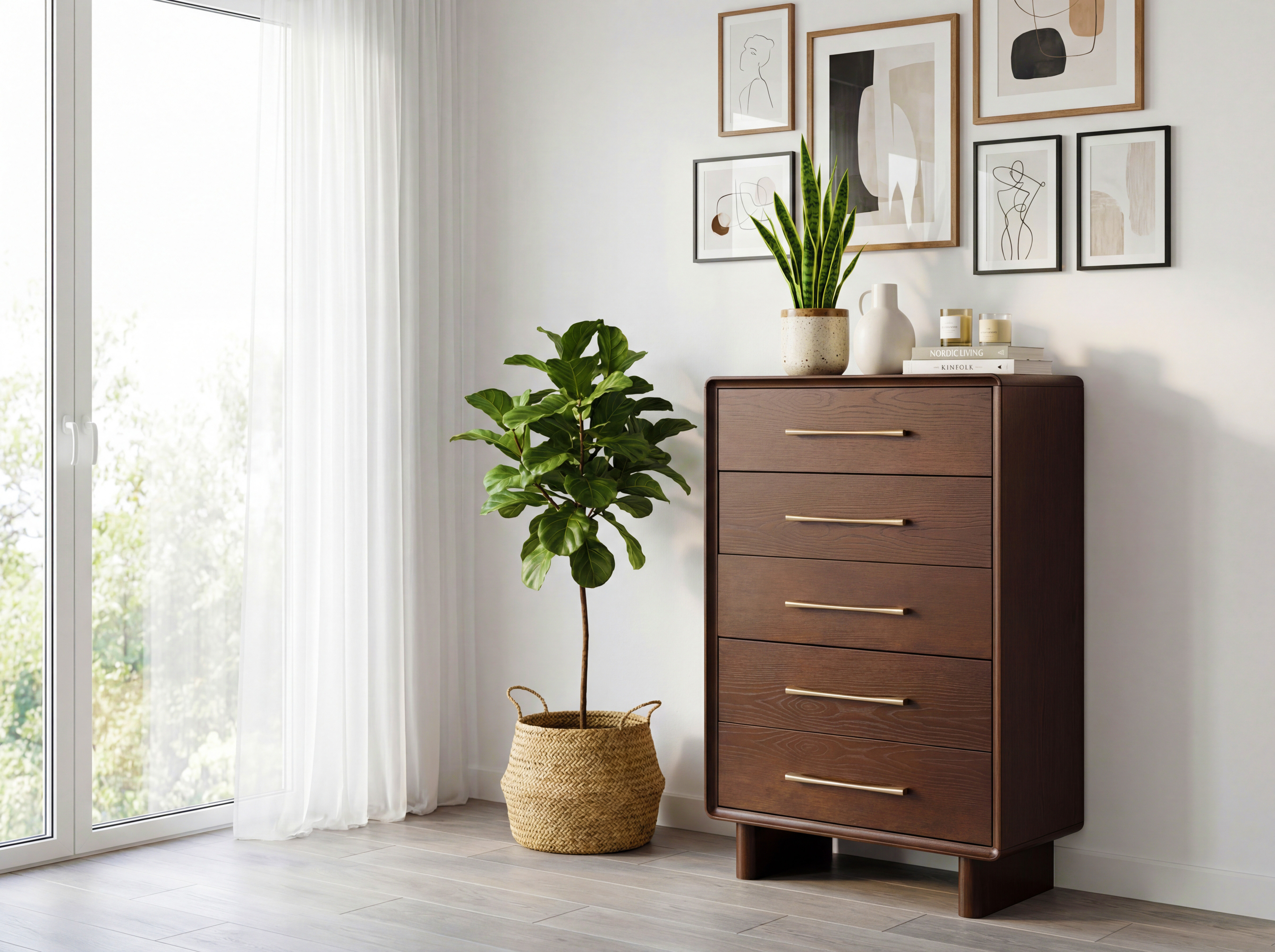 Magas, designos Koper komód 5 fiókkal, dió színben