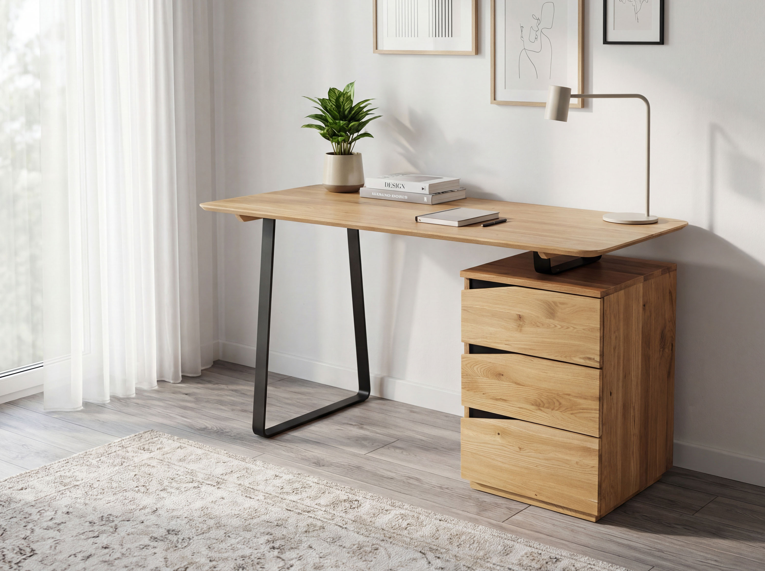 Dubový pracovný stôl Smak s čiernymi kovovými nohami 140x64 cm