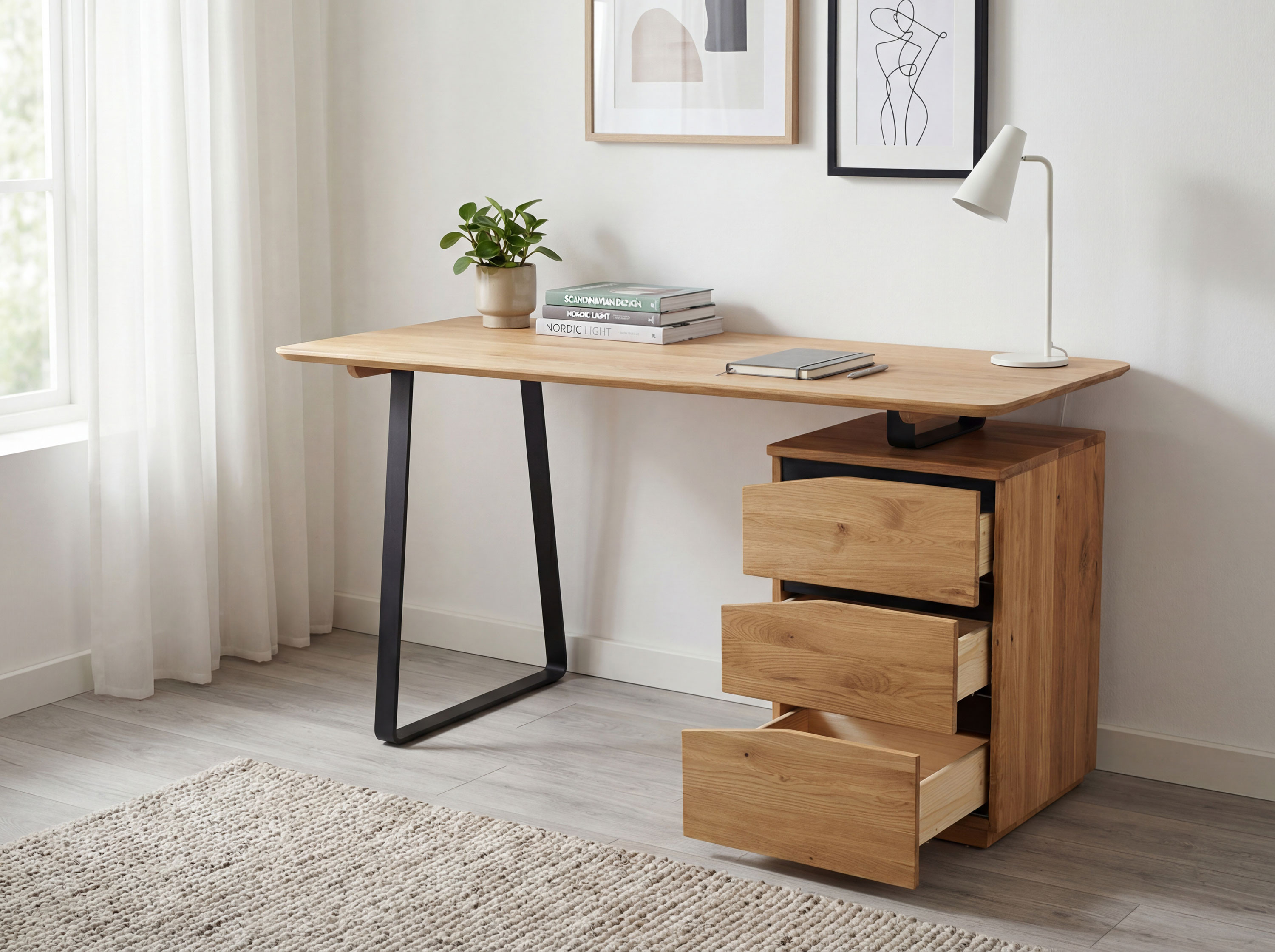 Masívny dubový písací stôl Smak so zásuvkami a kovovými nohami