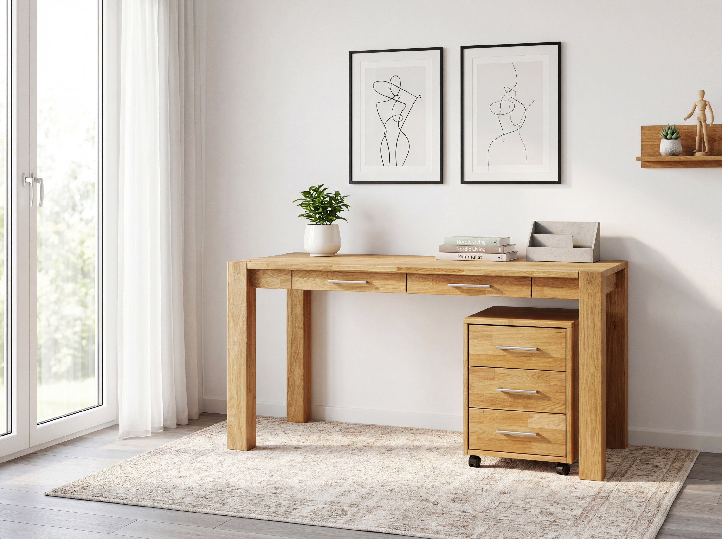 PC stolík z dubového dreva model Gdaňsk so štyrmi šuplíkmi