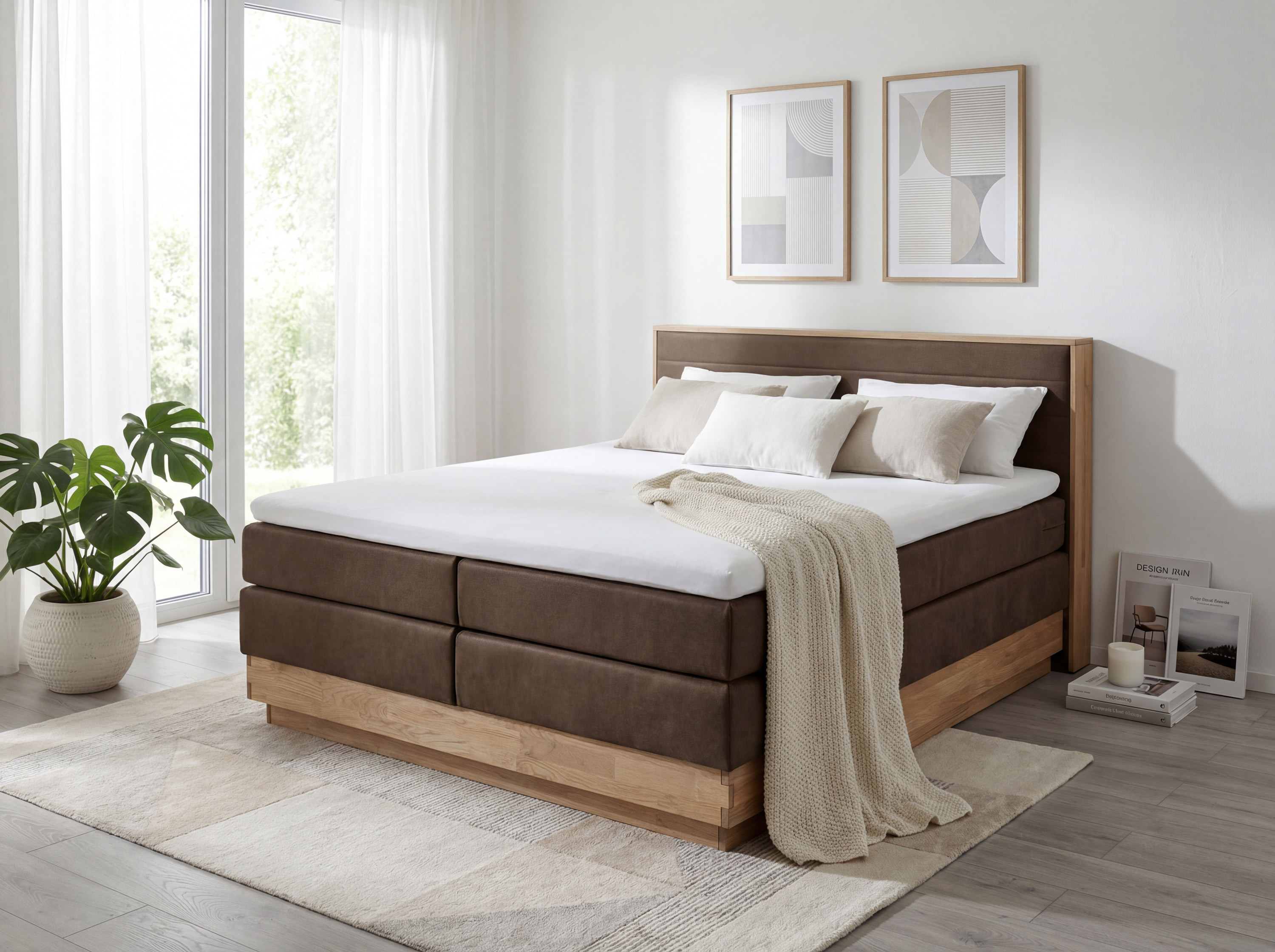 Boxspring posteľ Moneta 180x200 cm v hnedej PU koži s úložným priestorom