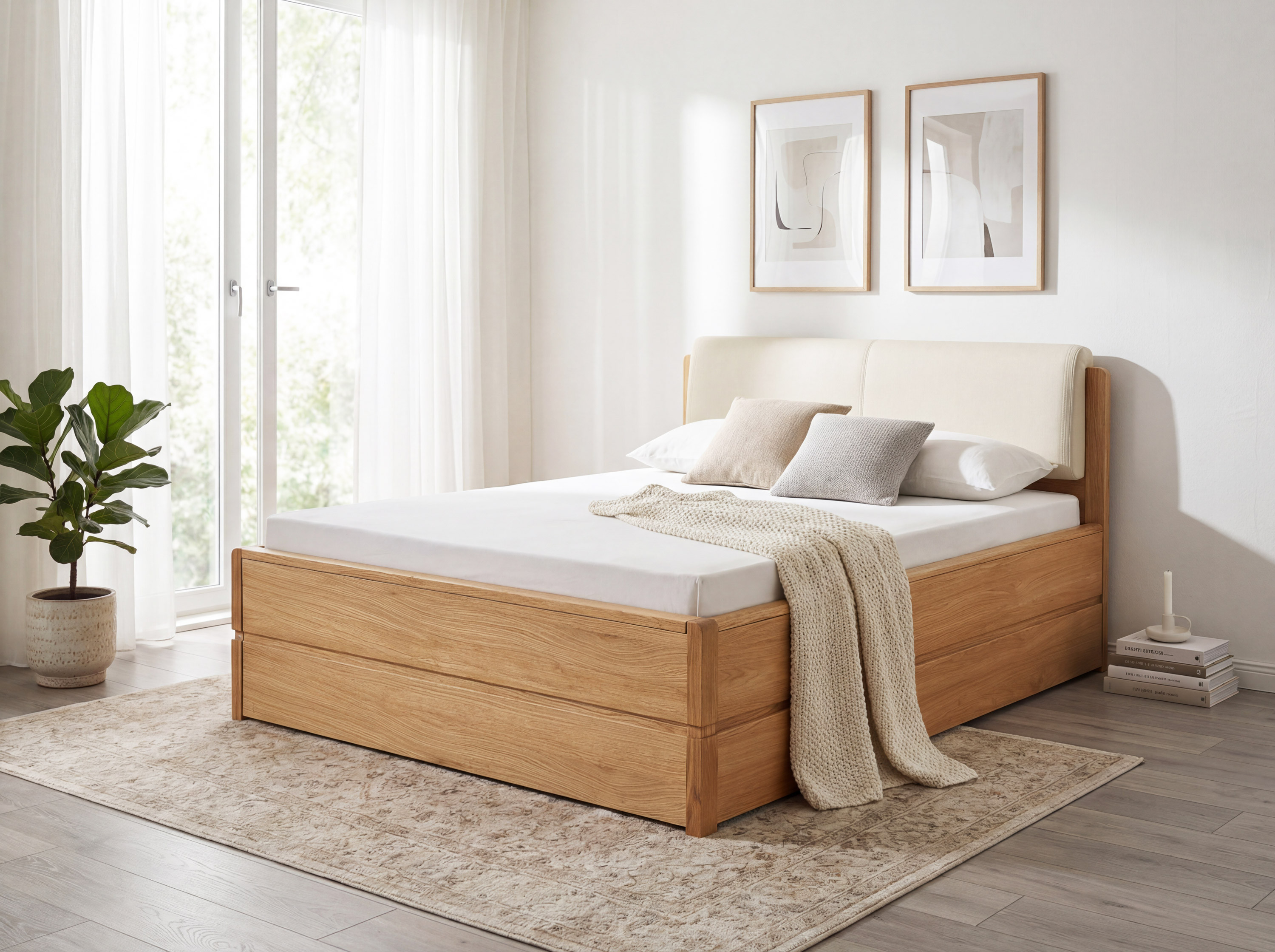Dubová posteľ Helsinki s čalúneným čelom a úložným priestorom 160x200