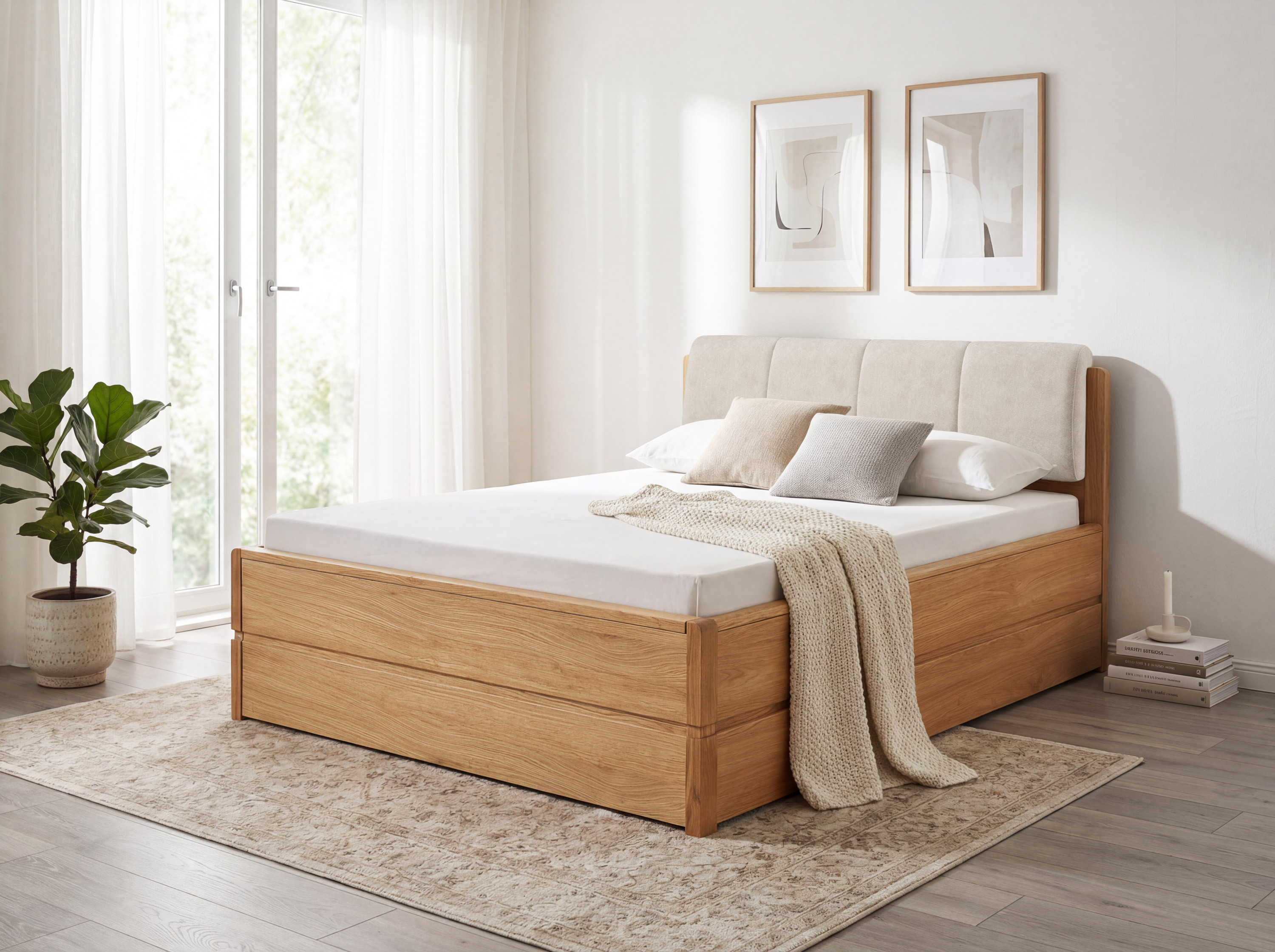 Dubová posteľ Helsinki 180x200 s látkovým čalúneným čelom a úložným priestorom
