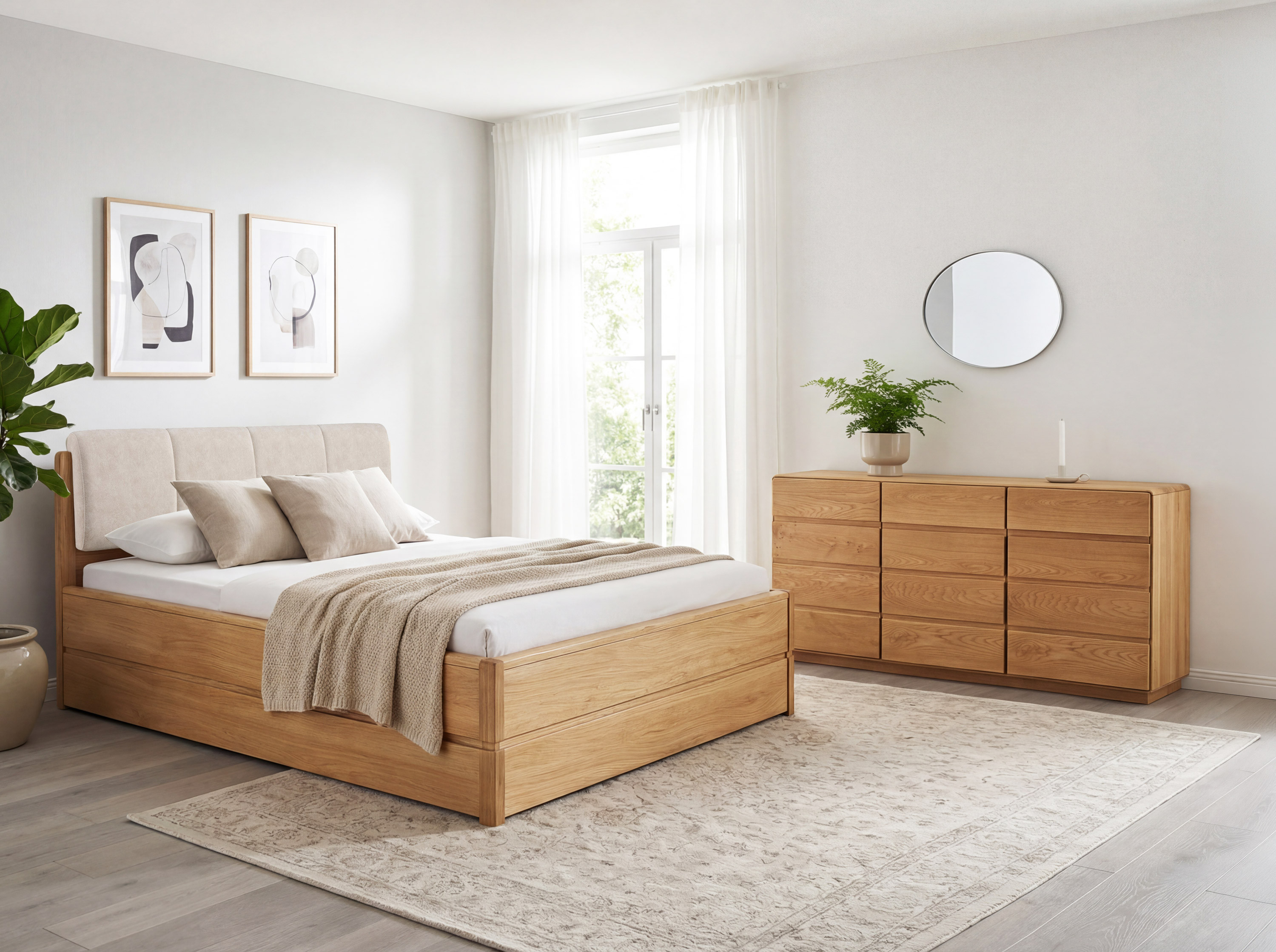 Masívna dubová posteľ Helsinki 180x200 s látkovým čelom – rozmery postele