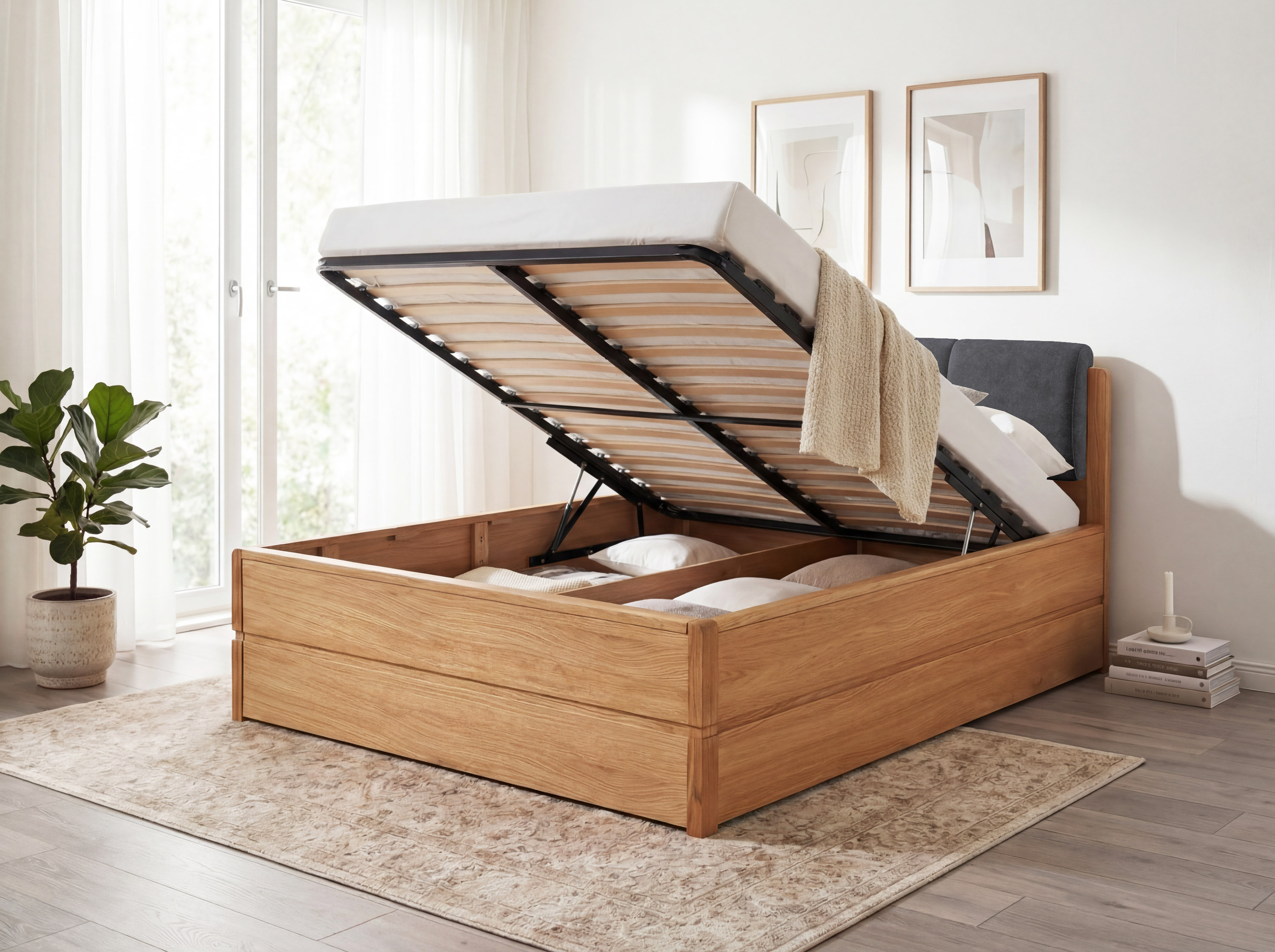 Dubová posteľ Helsinki 200x200 s dyhou a látkovým čelom – rozmery postele