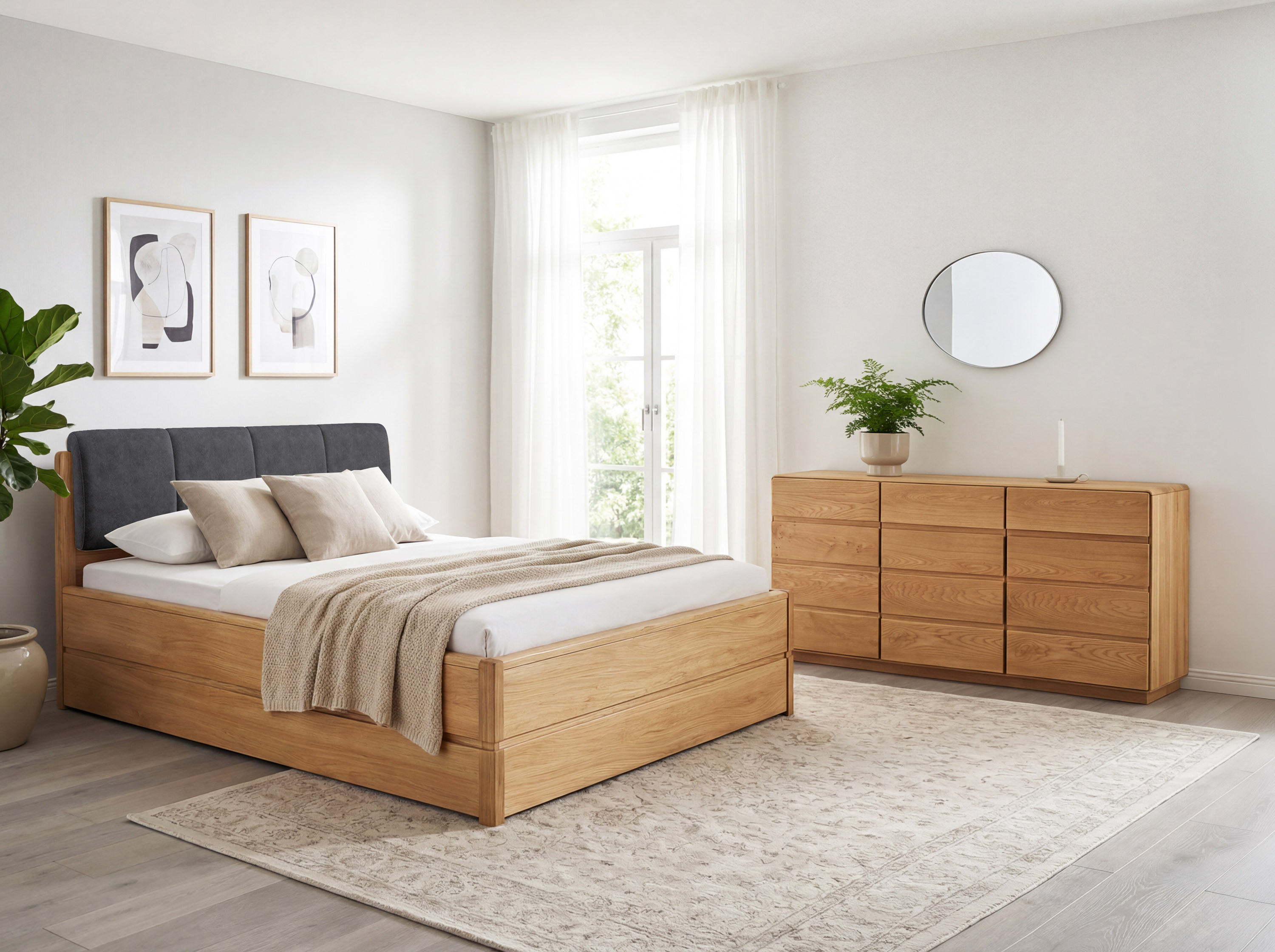 Dubová posteľ Helsinki 200x200 s látkovým čelom D'oro 5110 a úložným priestorom