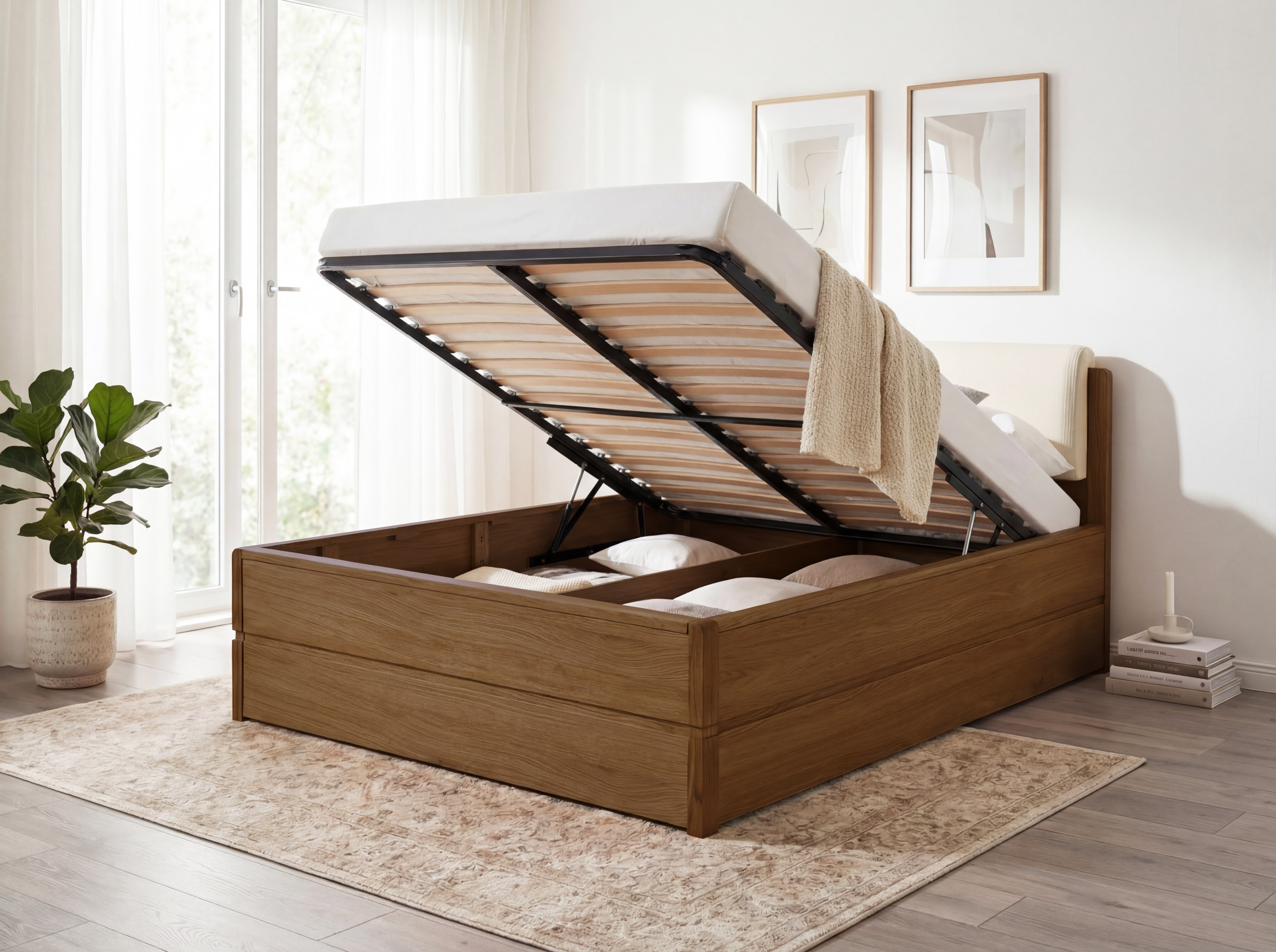 Dubová posteľ Helsinki dub pálený s čalúneným čelom a úložným priestorom