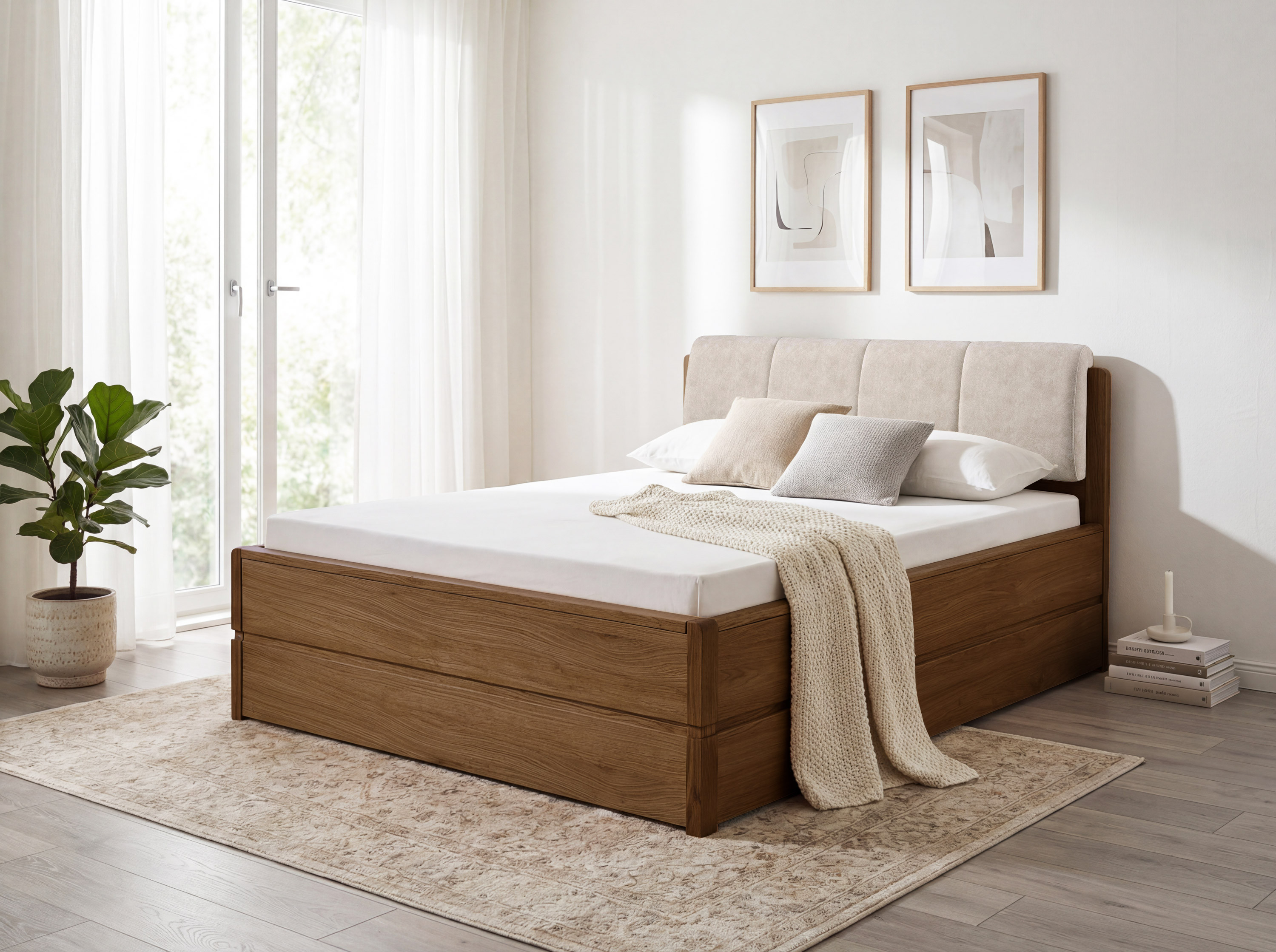 Dubová posteľ Helsinki 180x200 dub pálený s dyhou a látkovým čelom – rozmery postele