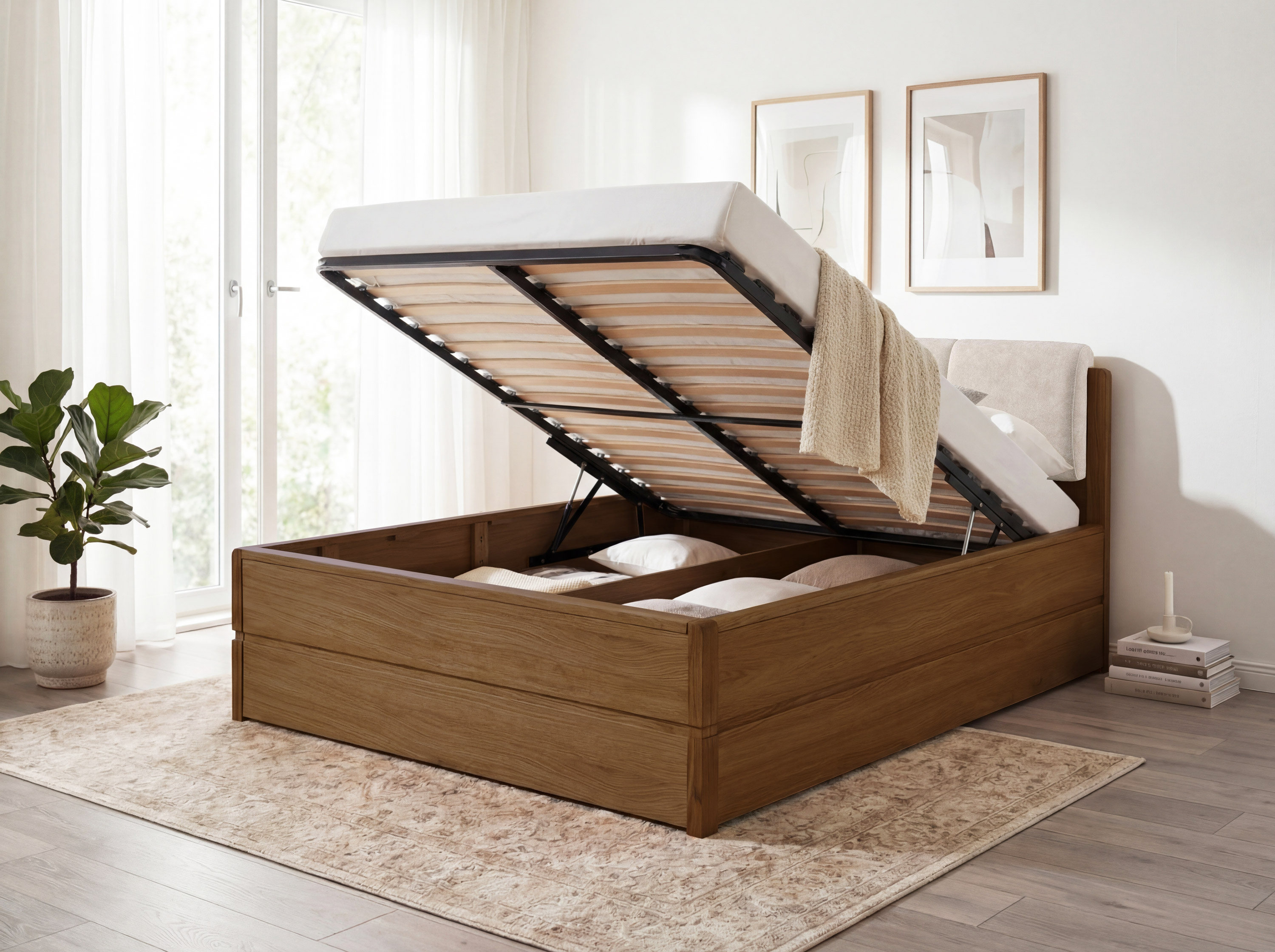 Dubová posteľ Helsinki dub pálený 180x200 s dyhou a látkovým čalúneným čelom