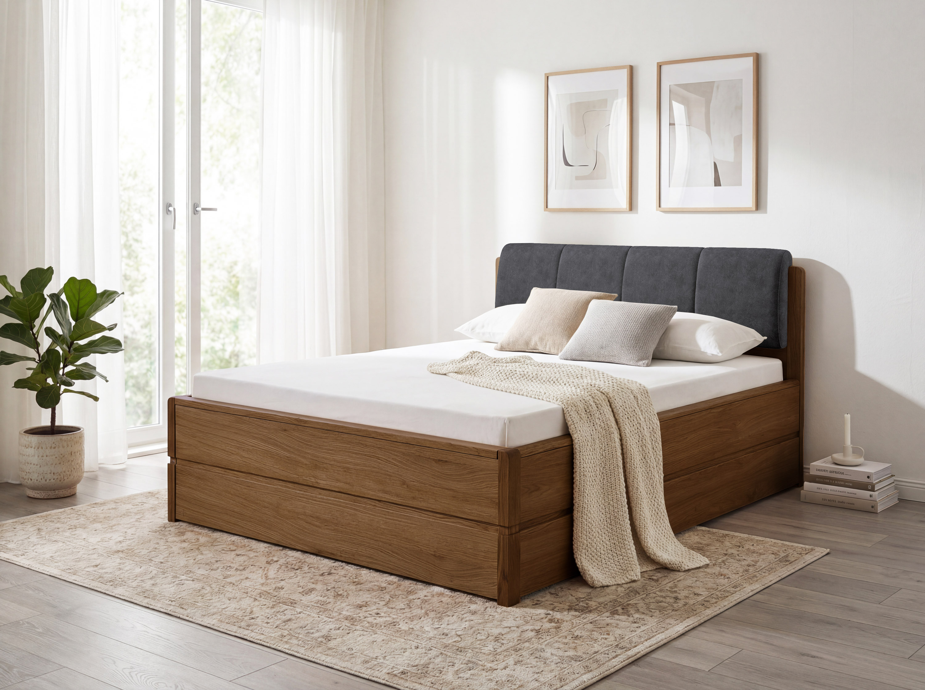 Eichenbett Helsinki 200x200 gebrannte Eiche mit Stoffkopfteil D'oro 5110 und Stauraum