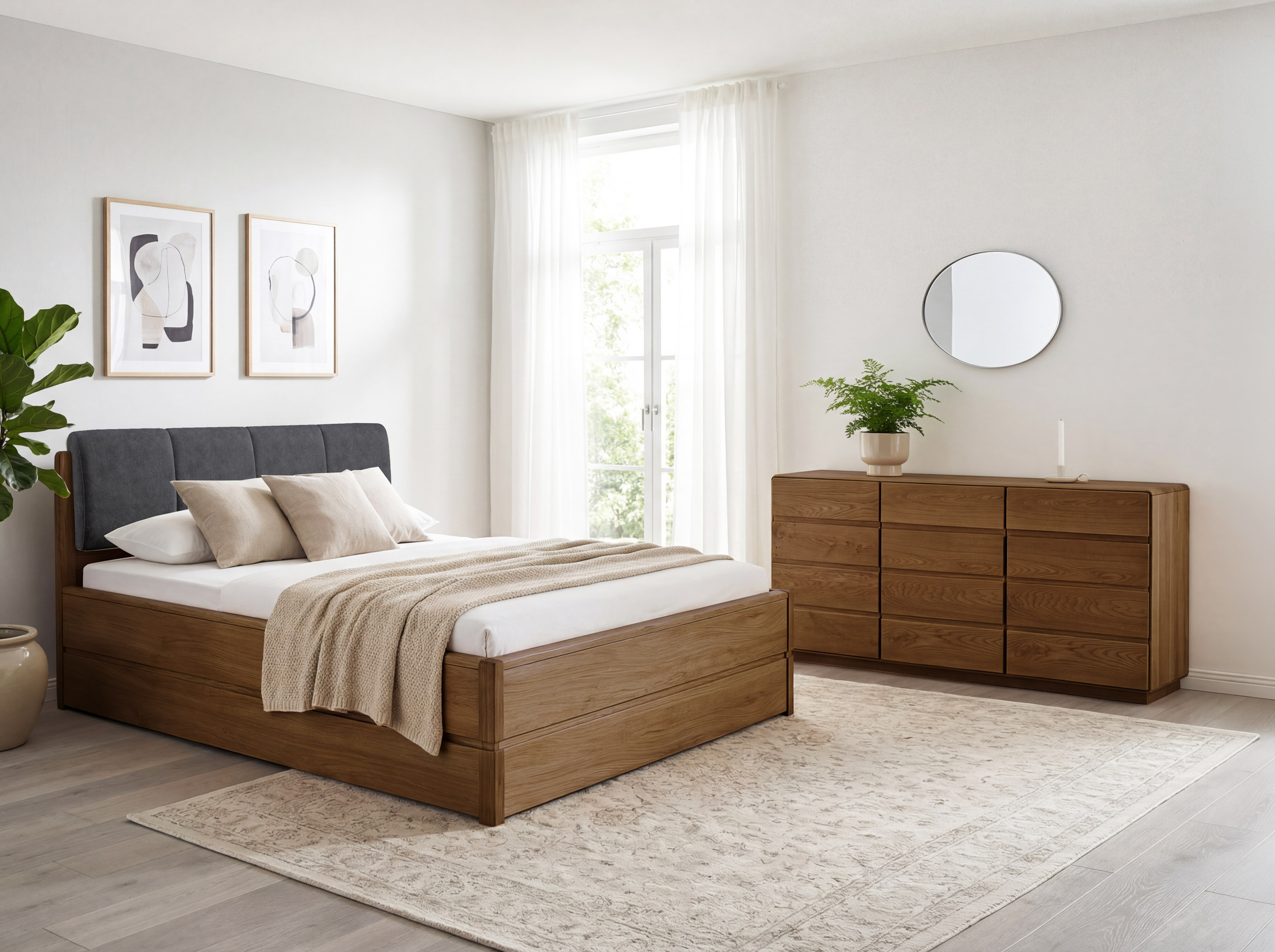 Eichenbett Helsinki 200x200 gebrannte Eiche mit Furnier und Stoffkopfteil – Bettmaße