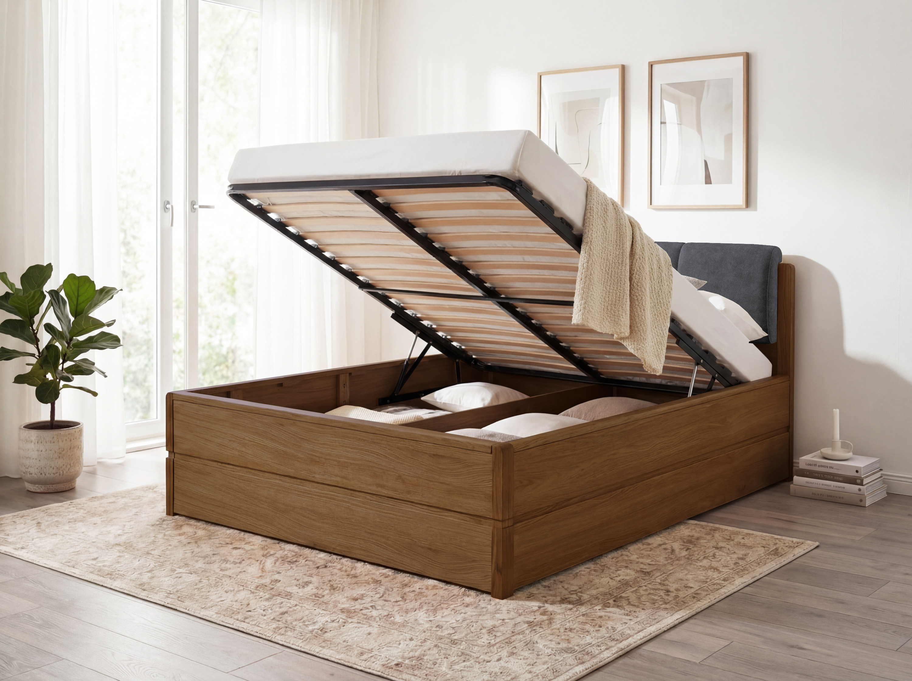 Eichenbett Helsinki gebrannte Eiche 200x200 mit Furnier und gepolstertem Stoffkopfteil D'oro 5110