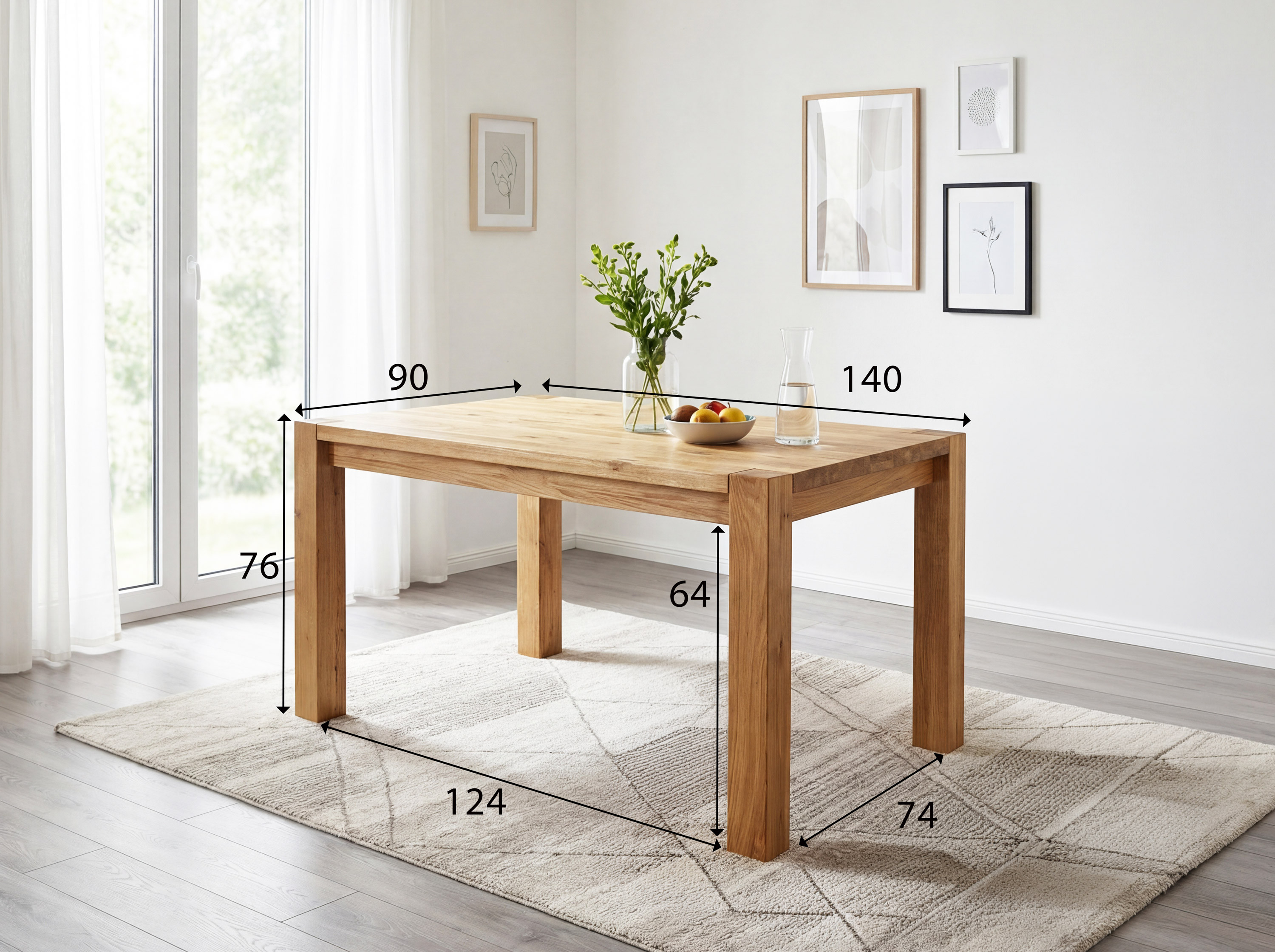 Košice tömör tölgy étkezőasztal – méretek 140 x 90 cm, magasság 76 cm