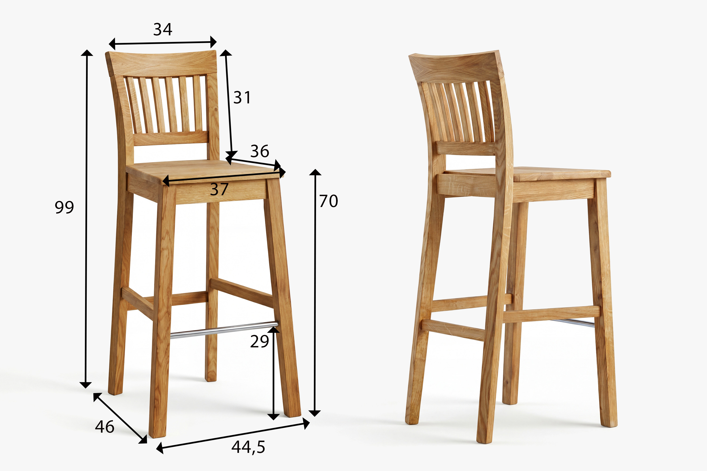 Barkstuhl aus massivem Eichenholz – Maße