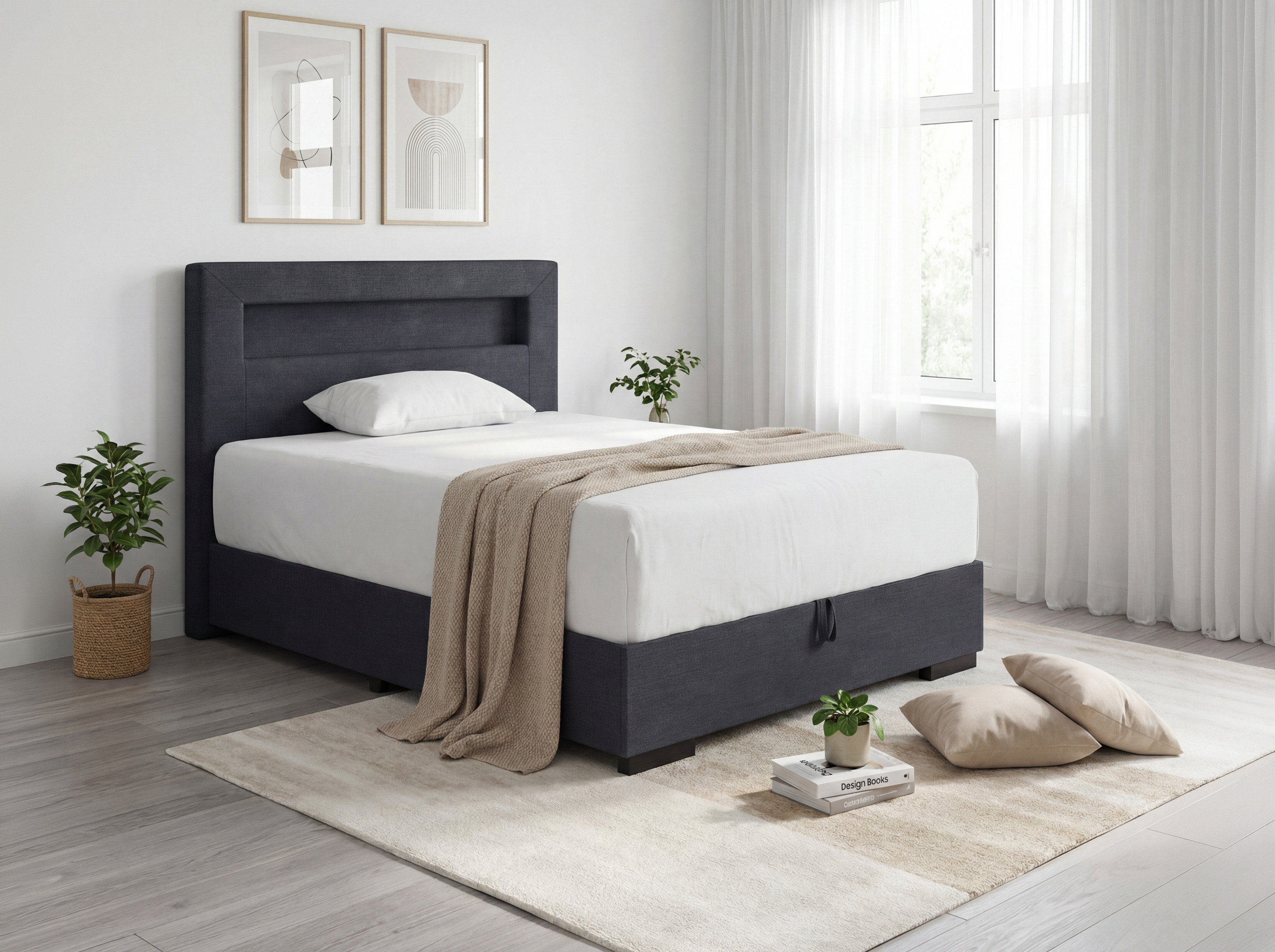 Bett 120 x 200 inklusive Matratze, Stauraum + LED